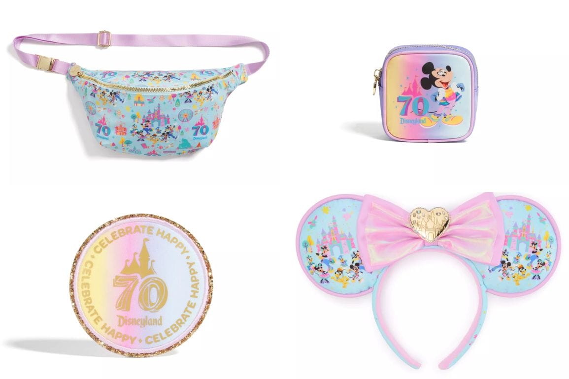 Four Stoney Clover Lane Disneyland 70th Anniversary souvenirs feature a belt bag, coin purse, headband, and pastel pin.