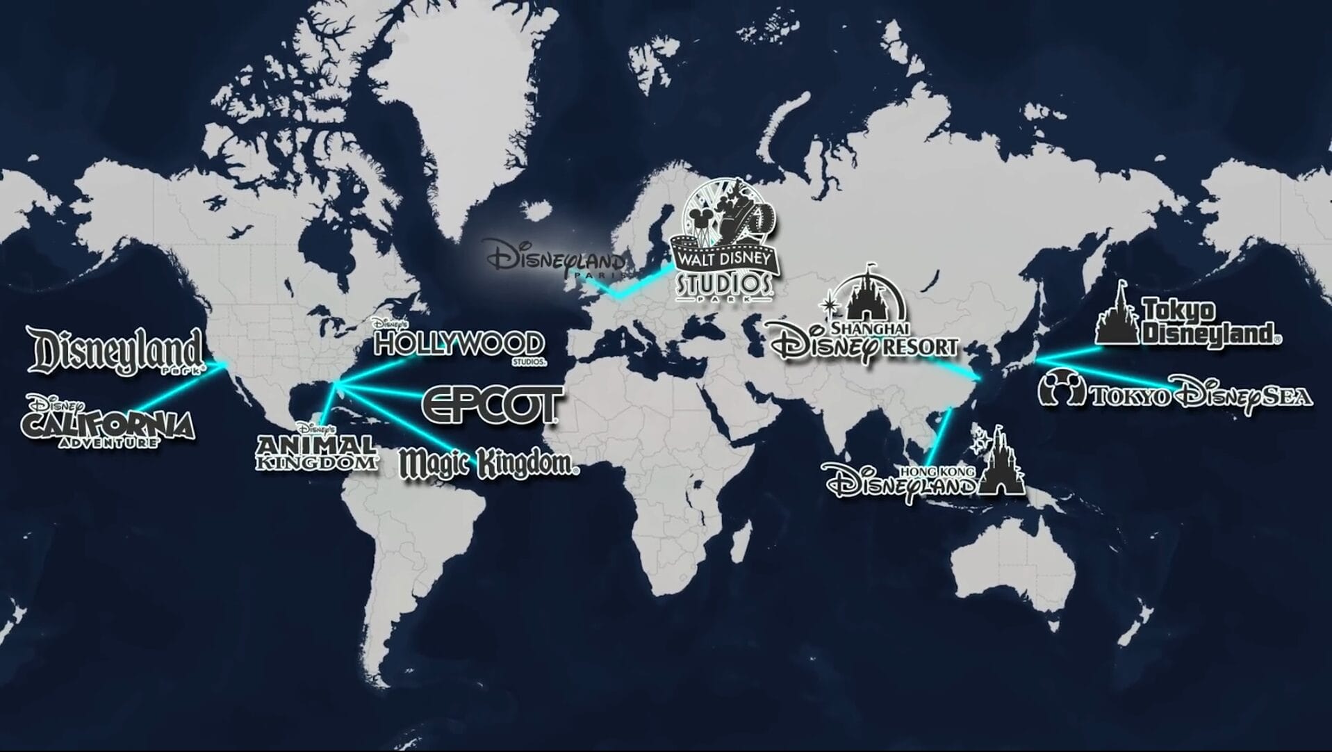 A world map showing Disney Park locations and attractions in the US, Paris, Tokyo, Shanghai, and Hong Kong.