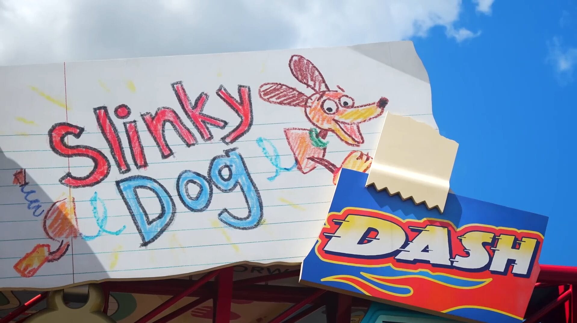 A colorful sign with a crayon drawing of Slinky Dog and "Slinky Dog Dash" at a Disney Park against a blue sky.