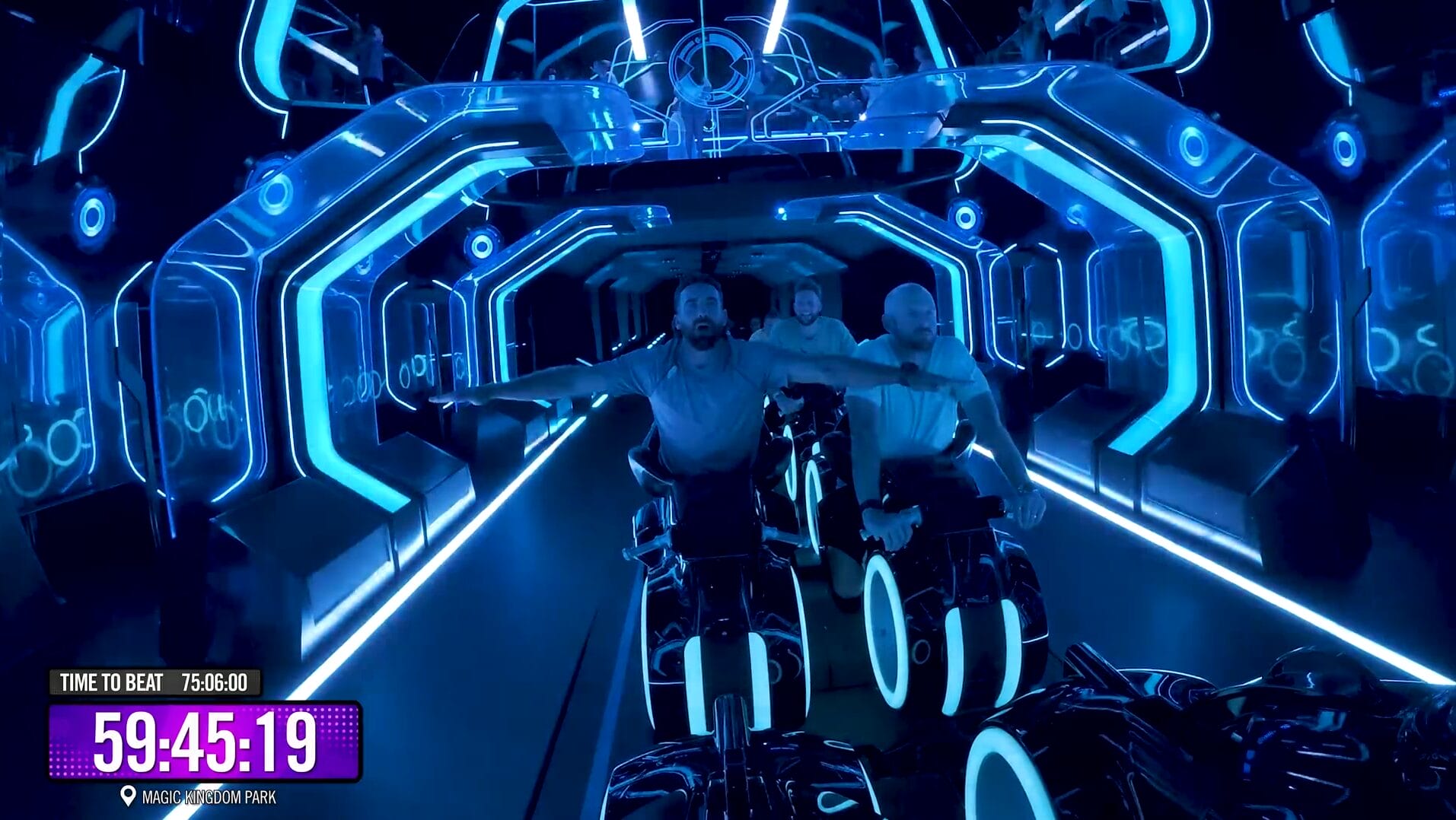 People riding glowing light cycle vehicles at a Disney Park, with a timer display like a Dude Perfect video.
