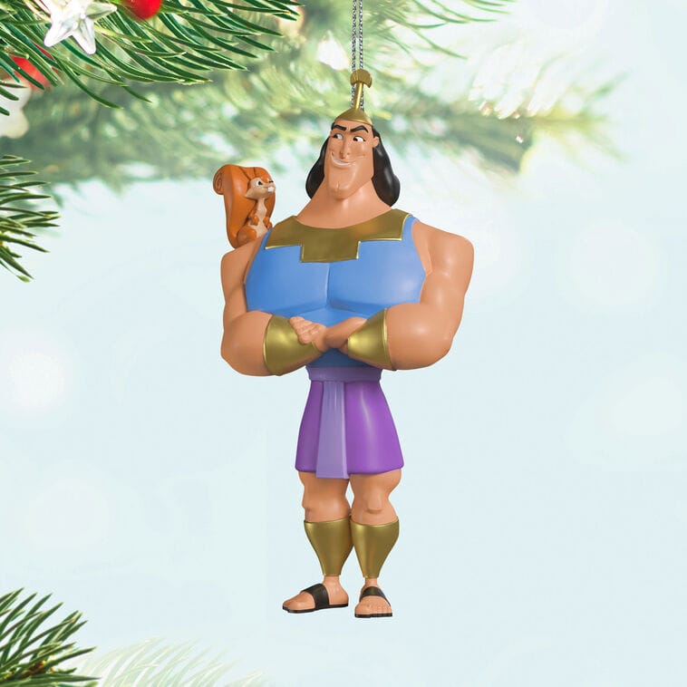 Cartoon Christmas ornament of a muscular man in blue and purple with a squirrel, reminiscent of unique Disney Park collectibles.
