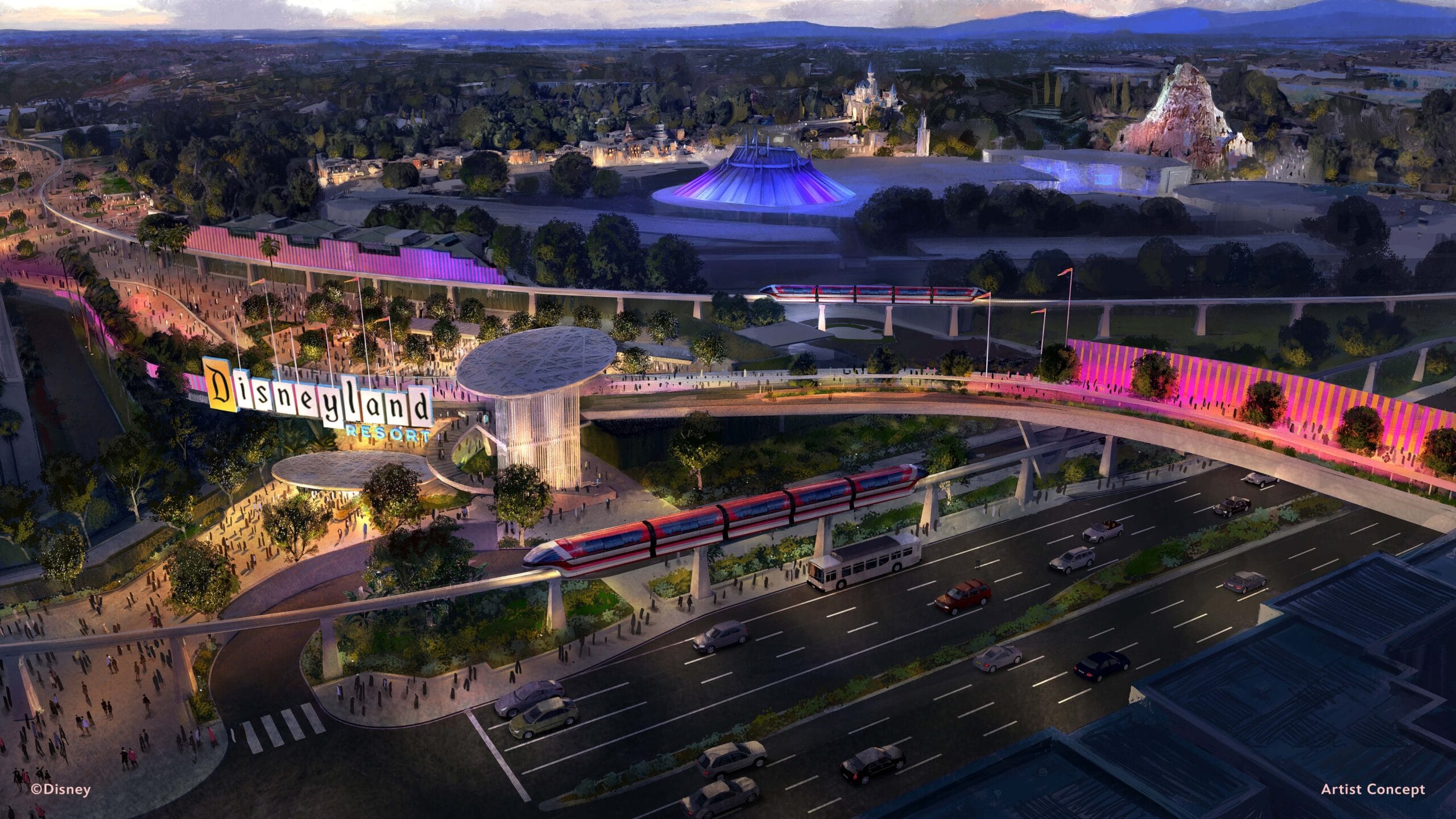 Concept art of new transportation hub for DisneylandForward expansion project.