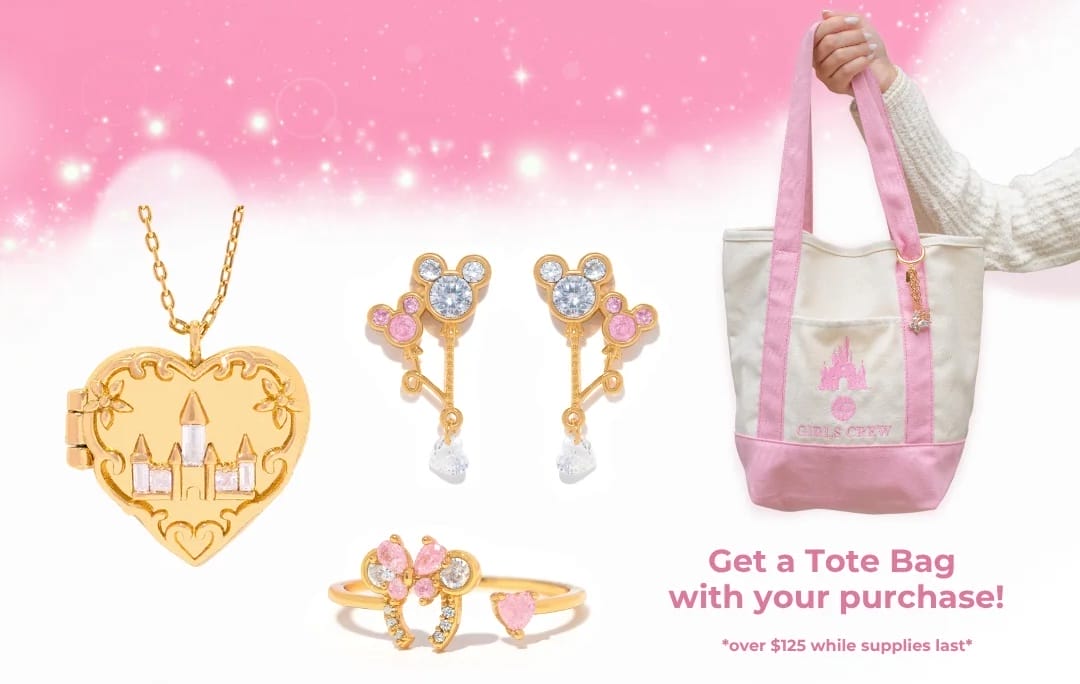 Gold castle locket (reminiscent of Cinderella Castle), Mickey earrings, ring & pink tote—EPCOT Festival of the Arts 2026 sparkle.