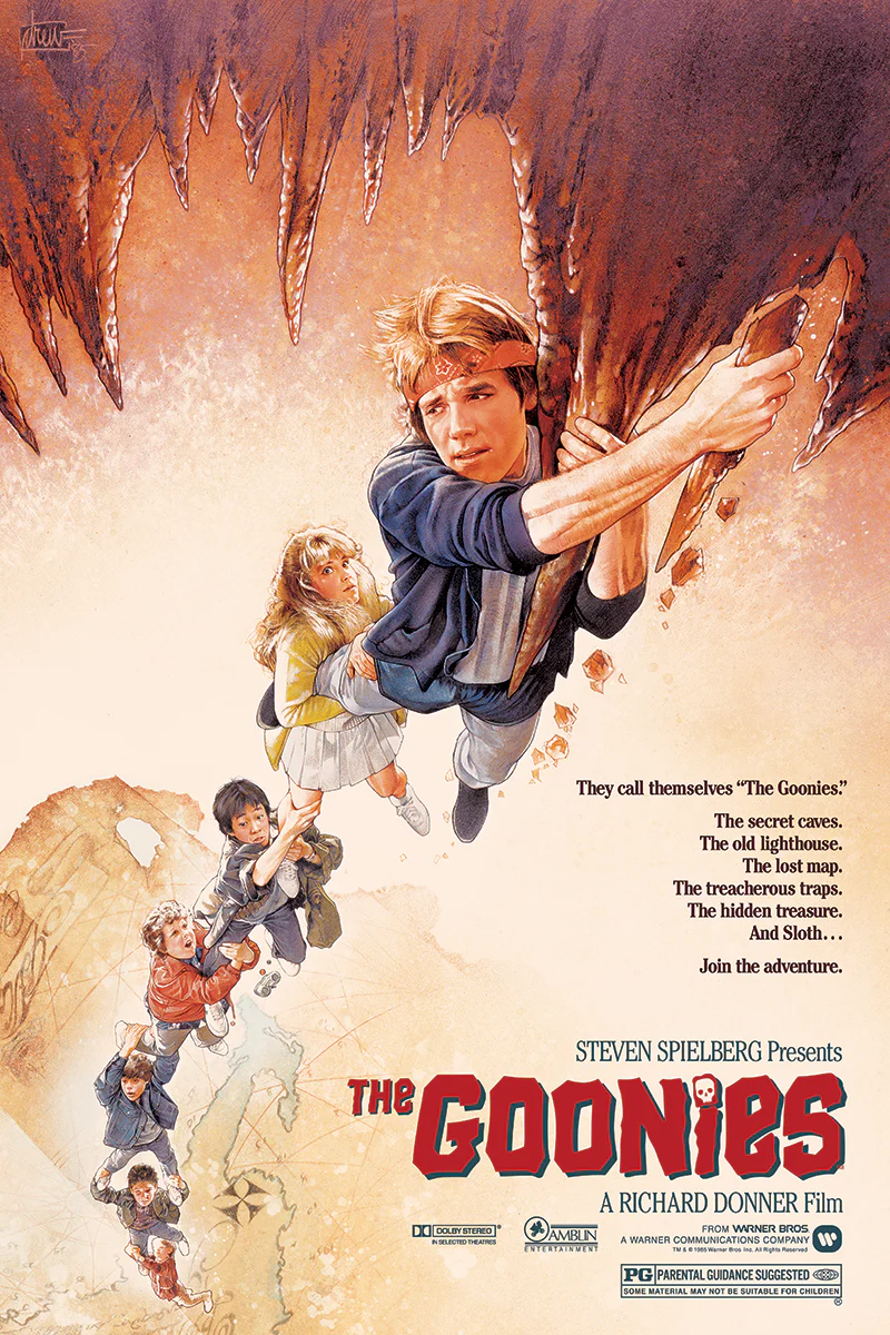Official movie poster for The Goonies illustrated by Drew Struzan.