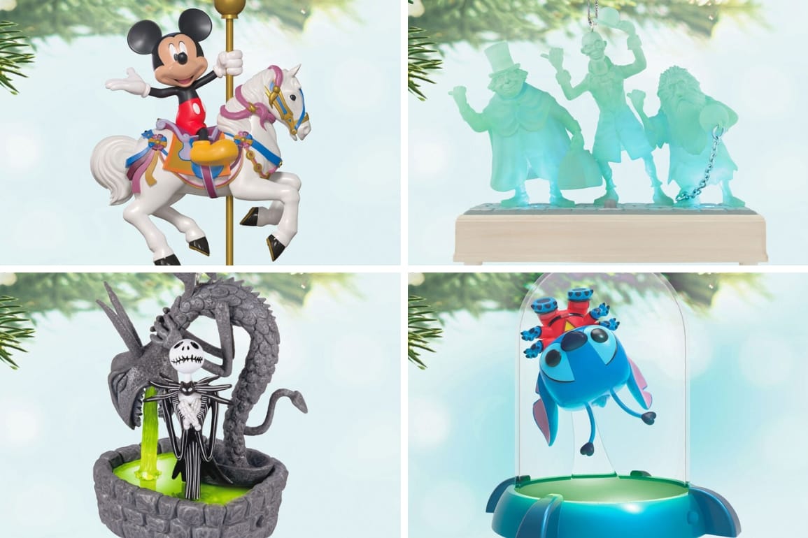 Four Hallmark Disney ornaments: Mickey on a King Arthur Carrousel horse, the Hitchhiking Ghosts, a Funko POP Stitch, and Jack Skellington with the Halloweentown fountain.