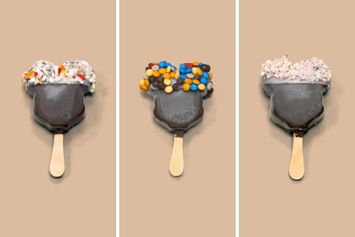 Three hand-dipped chocolate ice cream bars with colorful toppings, inspired by Mickey Bars, arranged in a vertical triptych.