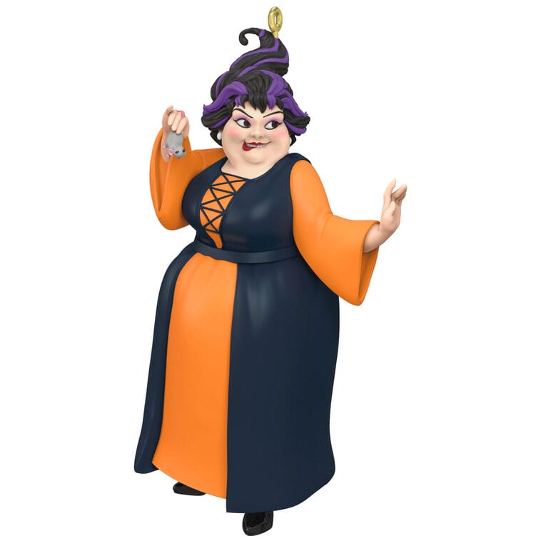 Cartoon woman in orange and black dress with purple hair holds a mouse, reminiscent of whimsical Disney Park character designs.