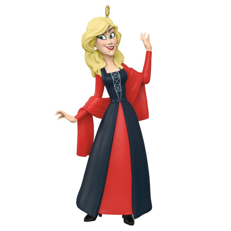 Disney-style princess with blonde hair, golden crown, red and dark blue dress, waving and smiling, like seen at Disneyland parks.