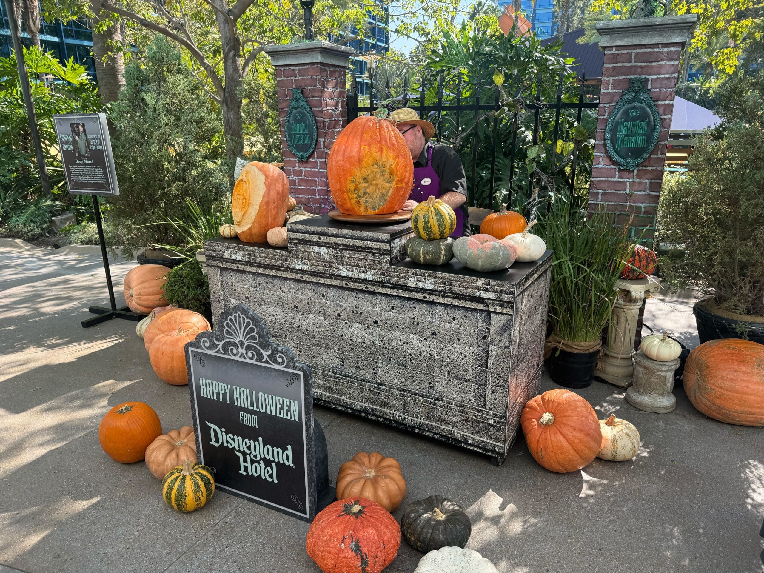 A person at a festive stone desk with pumpkins outside, near a "Happy Halloween from Disneyland Hotel" sign—no castle in view.