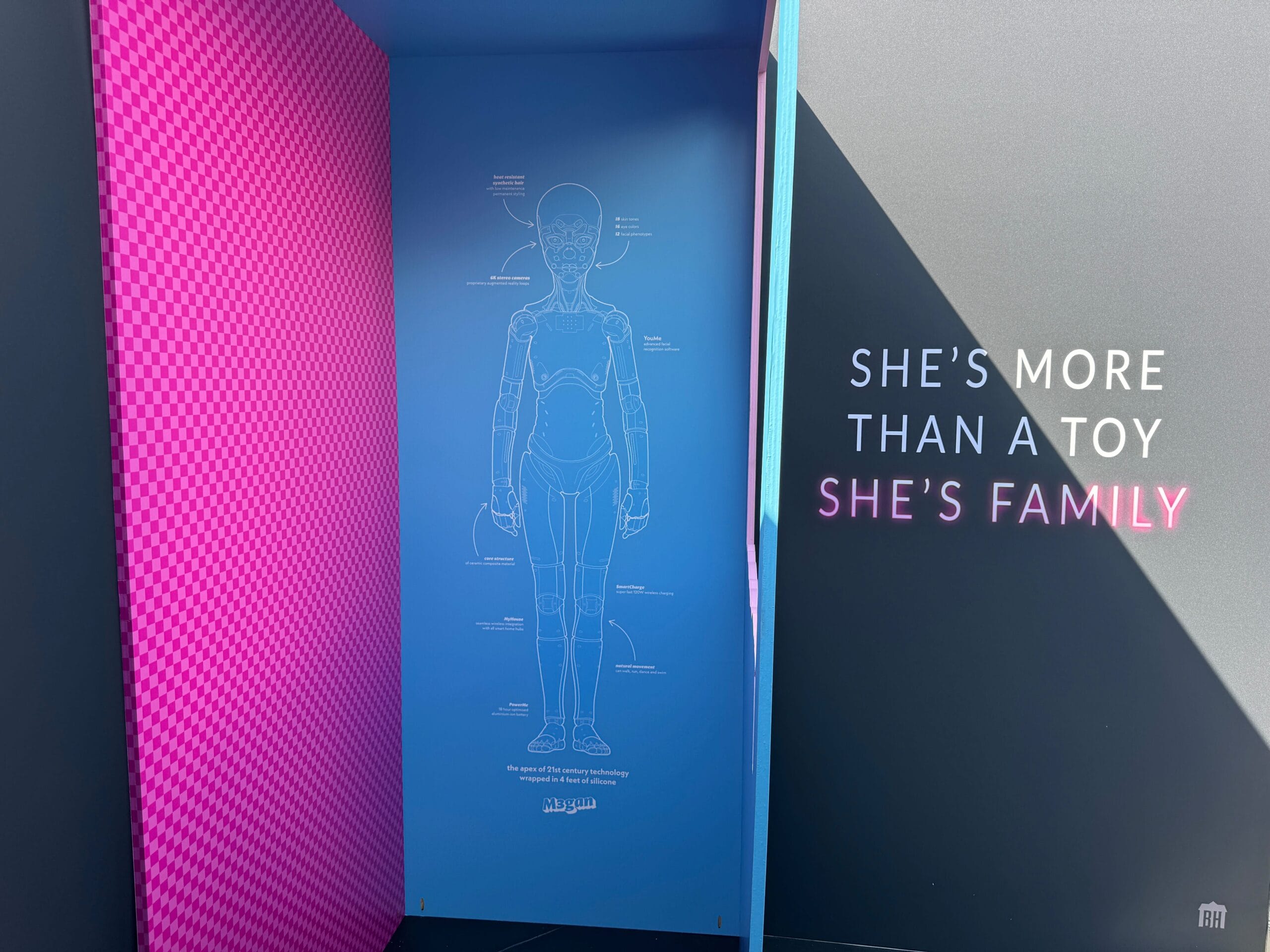 A diagram of a doll stands by text on a colorful Blumhouse display—perfect for photo ops at Universal CityWalk.