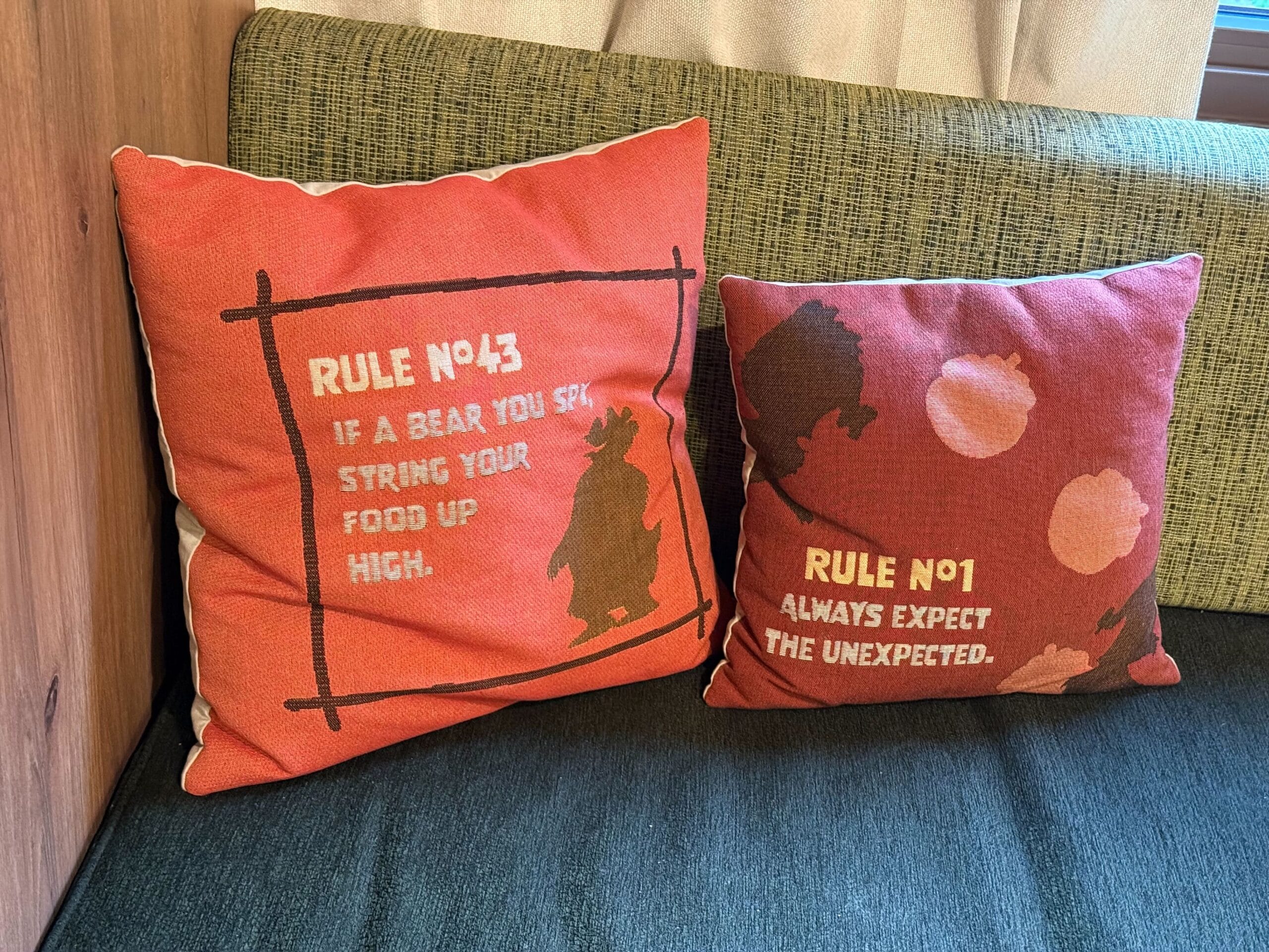 Two decorative pillows in a Davy Crockett Ranch cabin, featuring Disney-style camping rules and playful sayings.