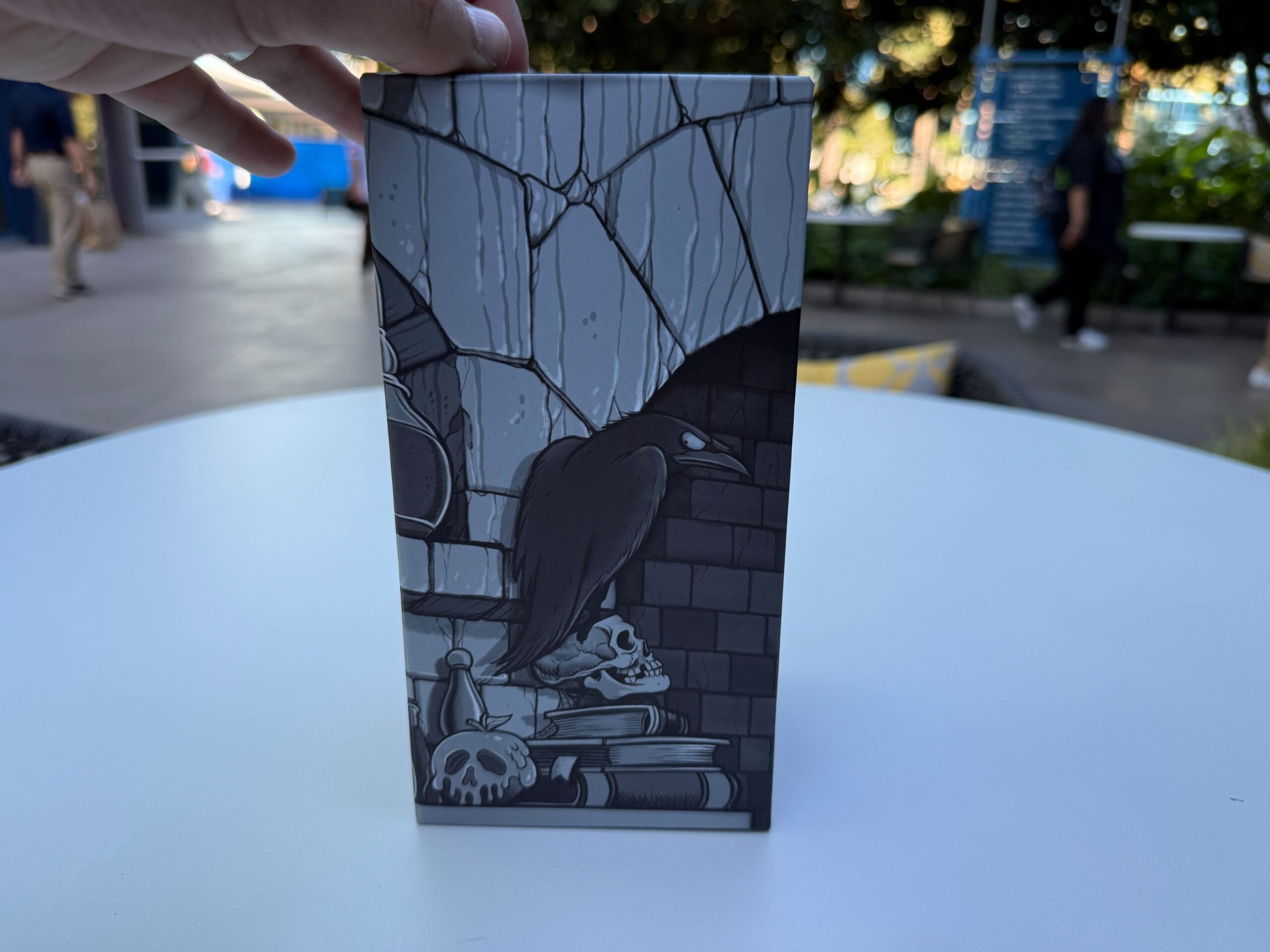 Hand holding a box featuring artwork of a raven on skulls and books, inspired by Trader Sam's at Disneyland Hotel.