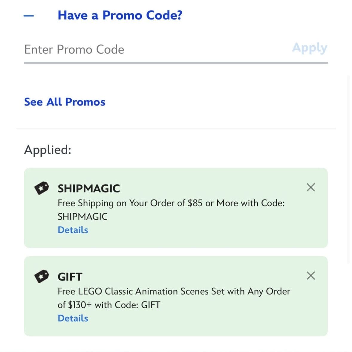 Online Disney Store checkout with free shipping, promo code, LEGO Classic Animation Scenes, and Apple Pay—no castle pictured here.