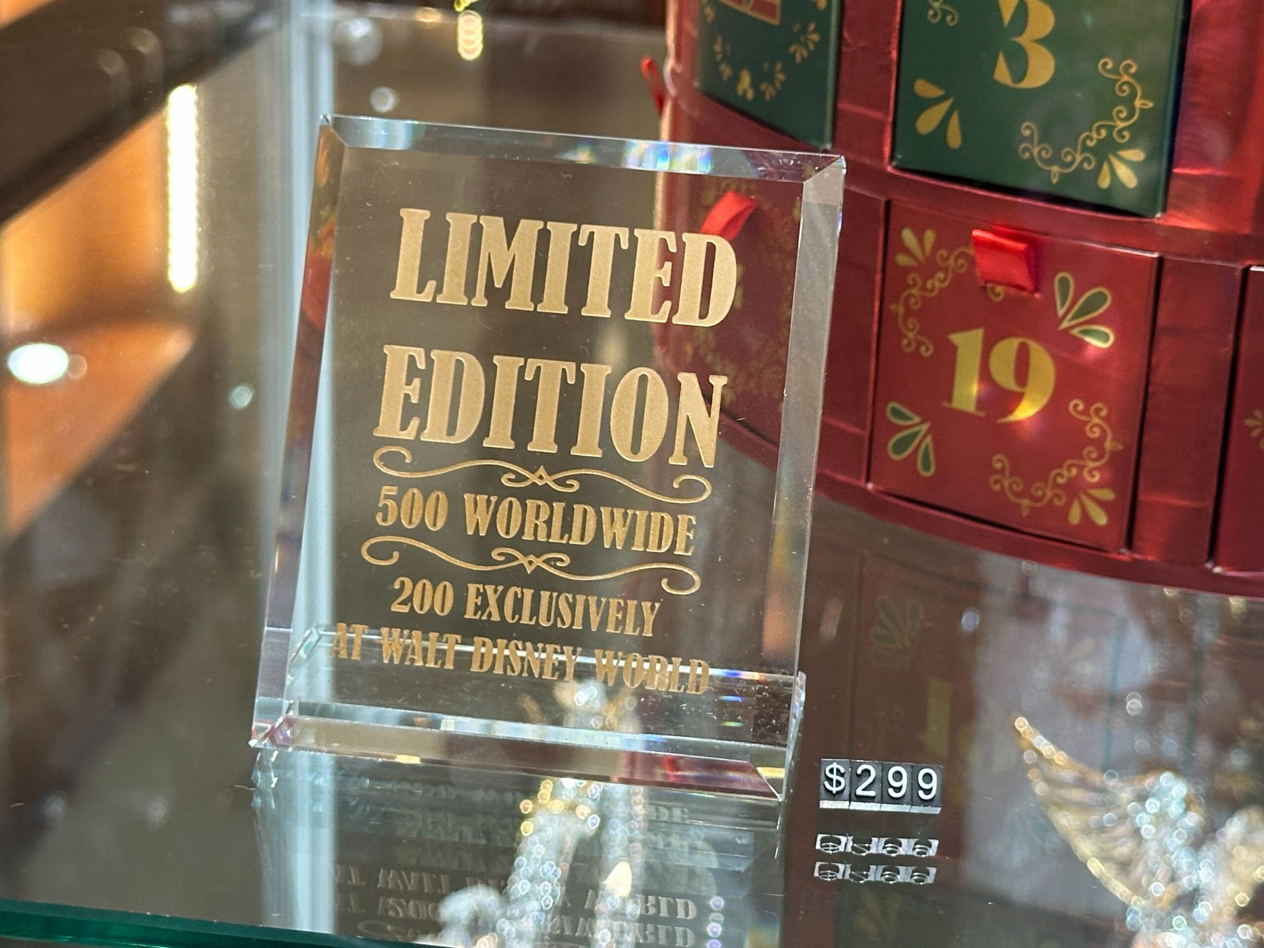 Glass plaque that states "Limited Edition | 500 Worldwide | 200 Exclusively at Walt Disney World."