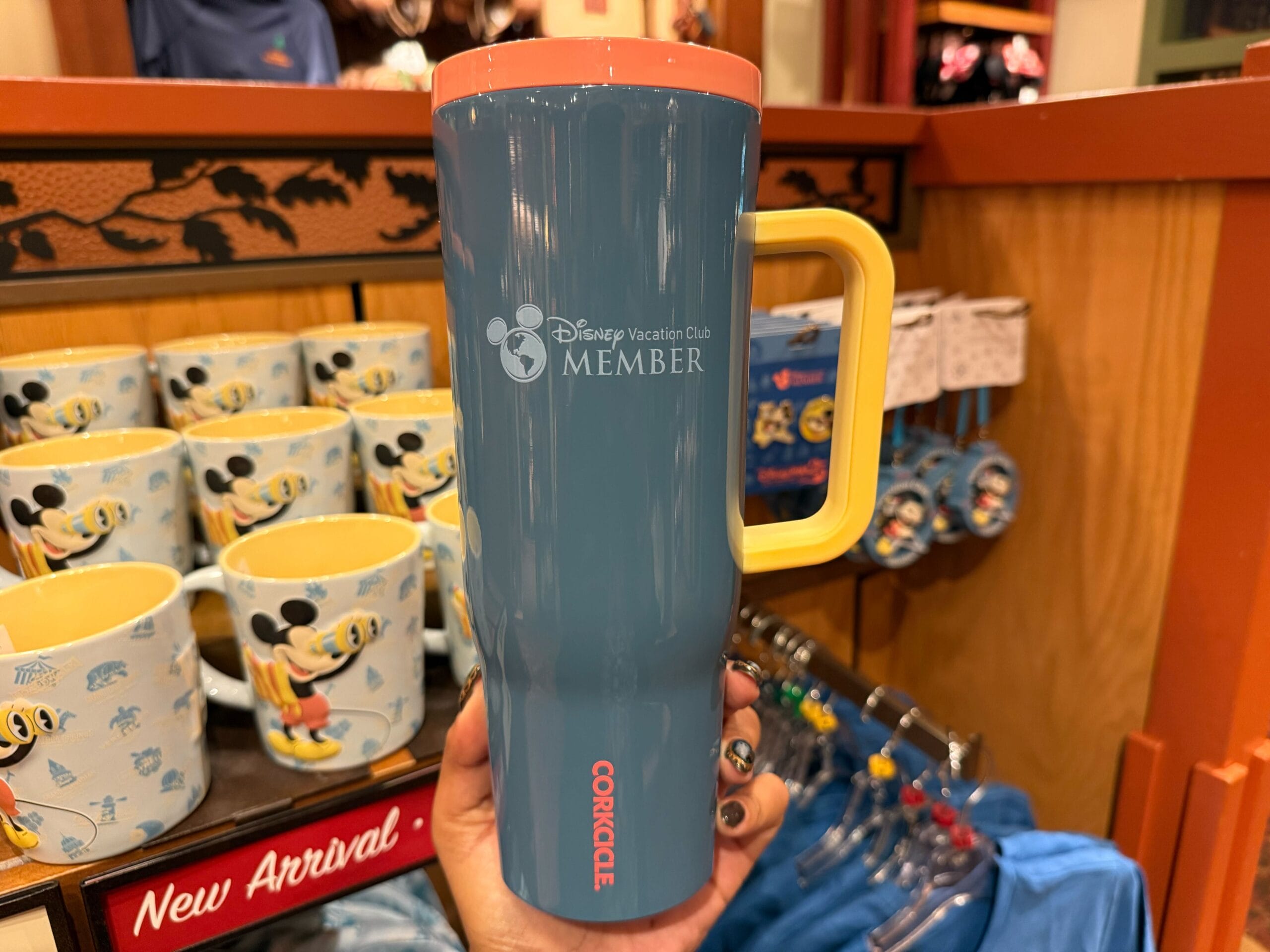 A blue DVC Member tumbler is held up in a Disneyland shop by Mickey merchandise, far from Cinderella Castle’s Florida look.