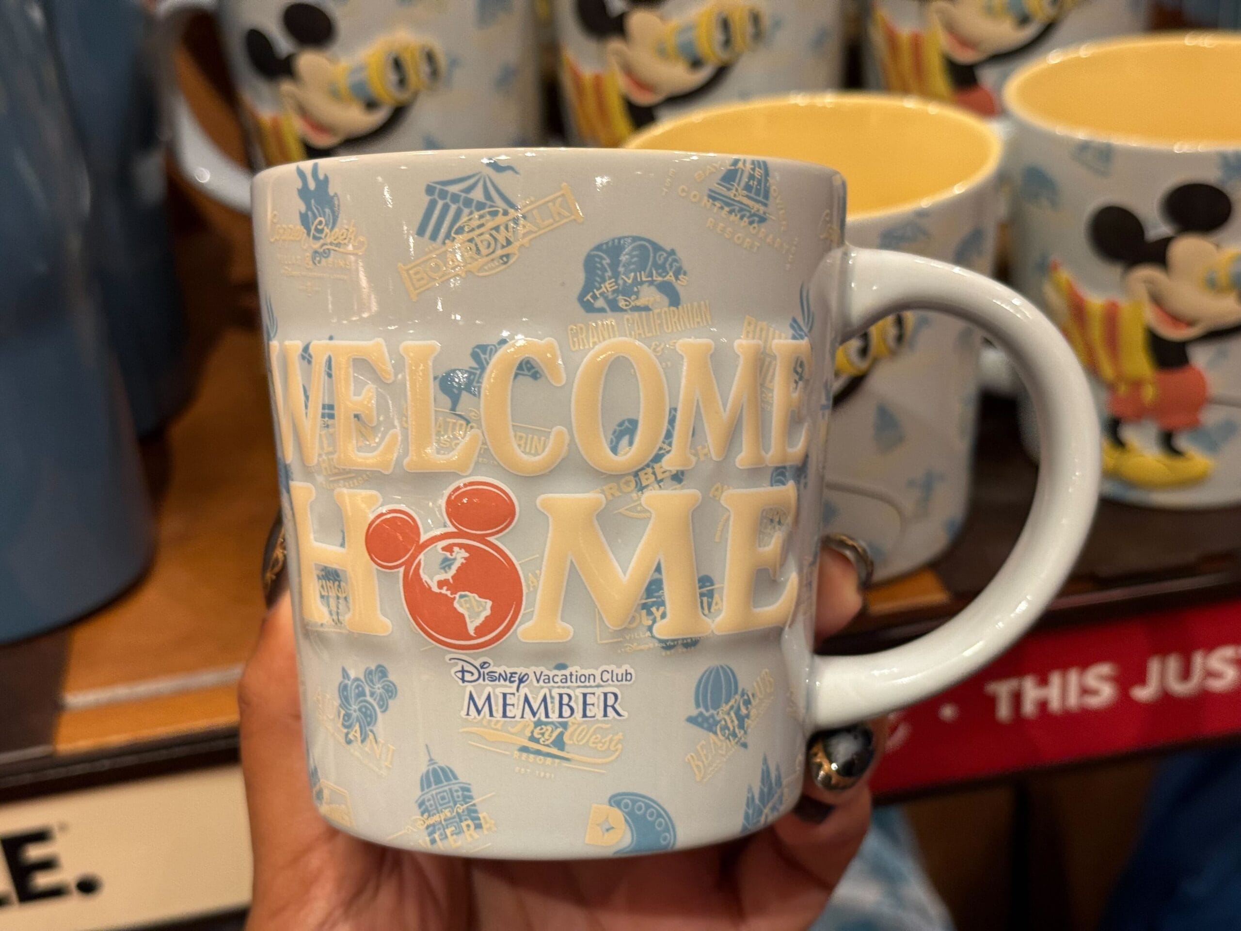 A hand holds a Disney mug with "Welcome Home," "DVC Member," and park icons like Sleeping Beauty Castle from Disneyland.