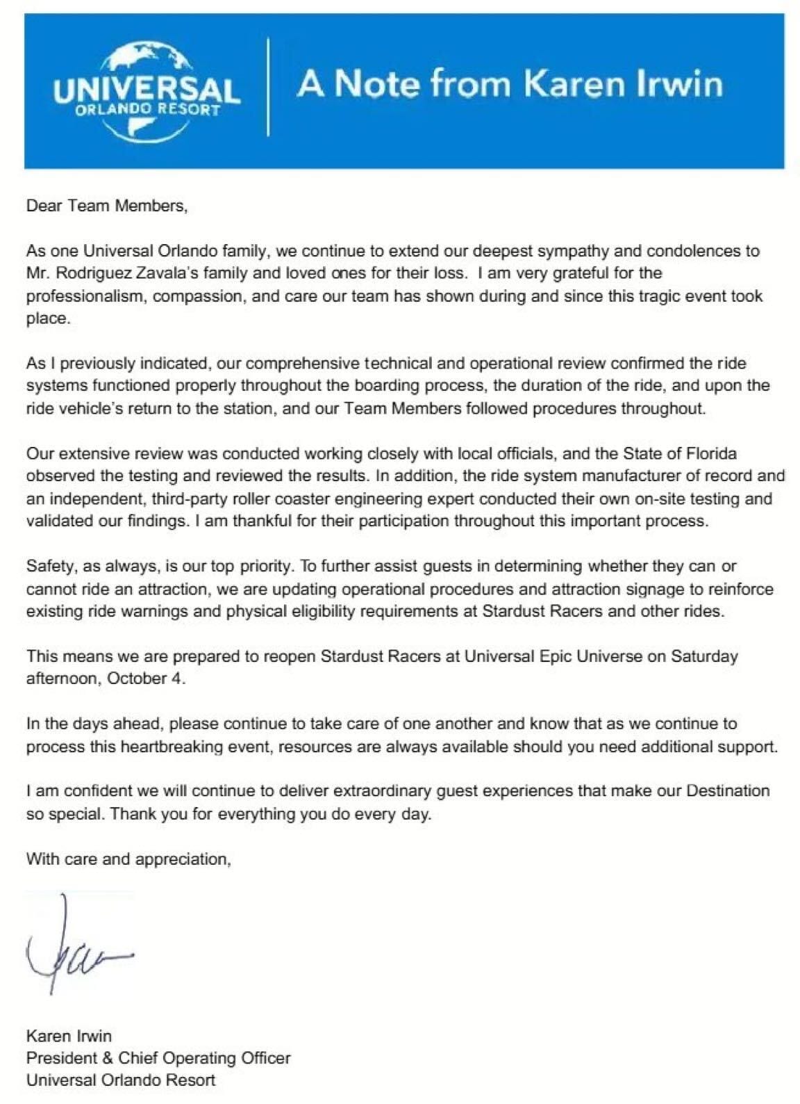 A letter from Universal Orlando Resort’s COO expressing condolences and an update on a recent ride incident.
