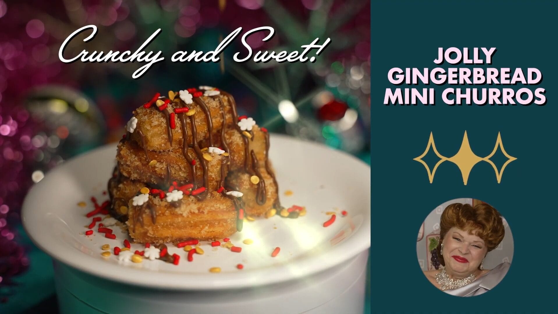 Gingerbread mini churros on a festive Disney Jollywood Nights background, no castle but pure holiday park magic on display.