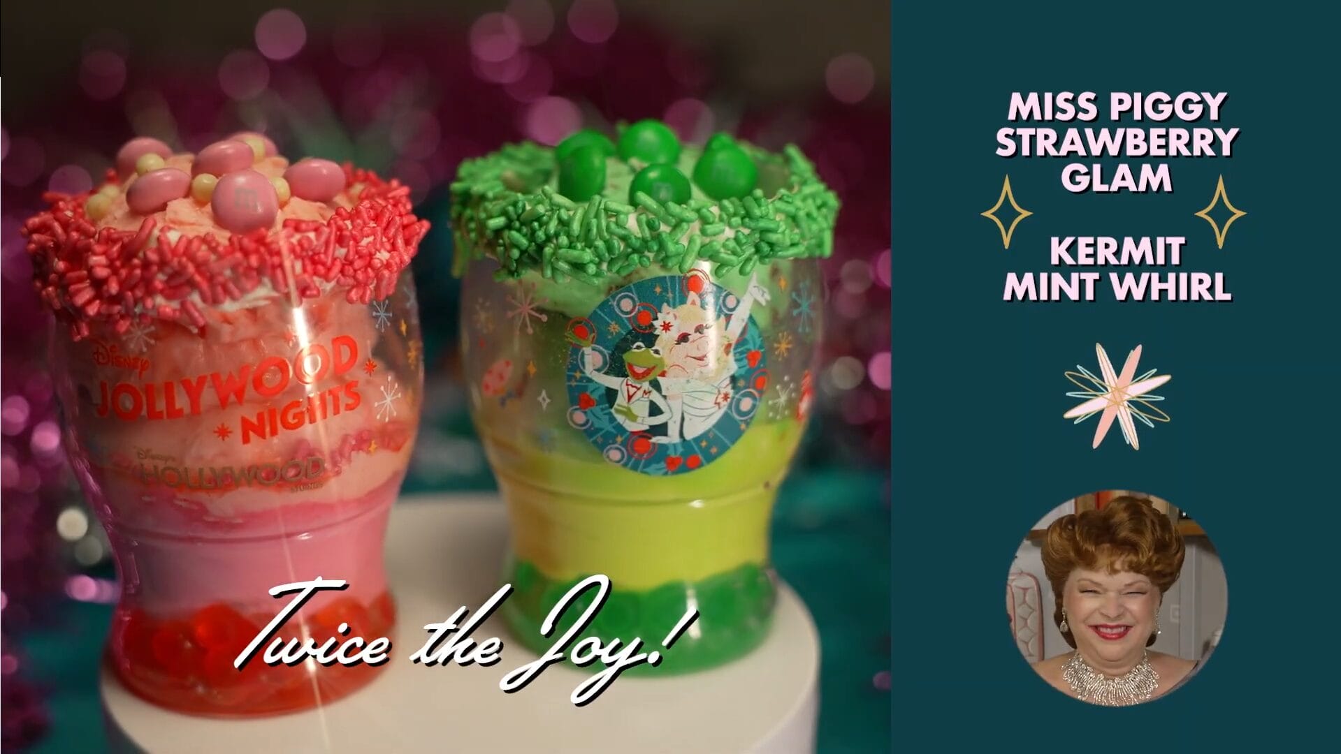 Two vibrant drinks—Miss Piggy Strawberry Glam and Kermit Mint Whirl—sparkle with candy, echoing the whimsy of Disney parks.