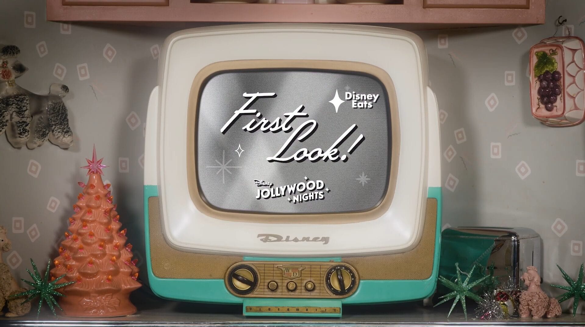 Vintage TV shows "First Look! Disney Jollywood Nights" with festive treats and Christmas decor, evoking classic Disney park vibes.