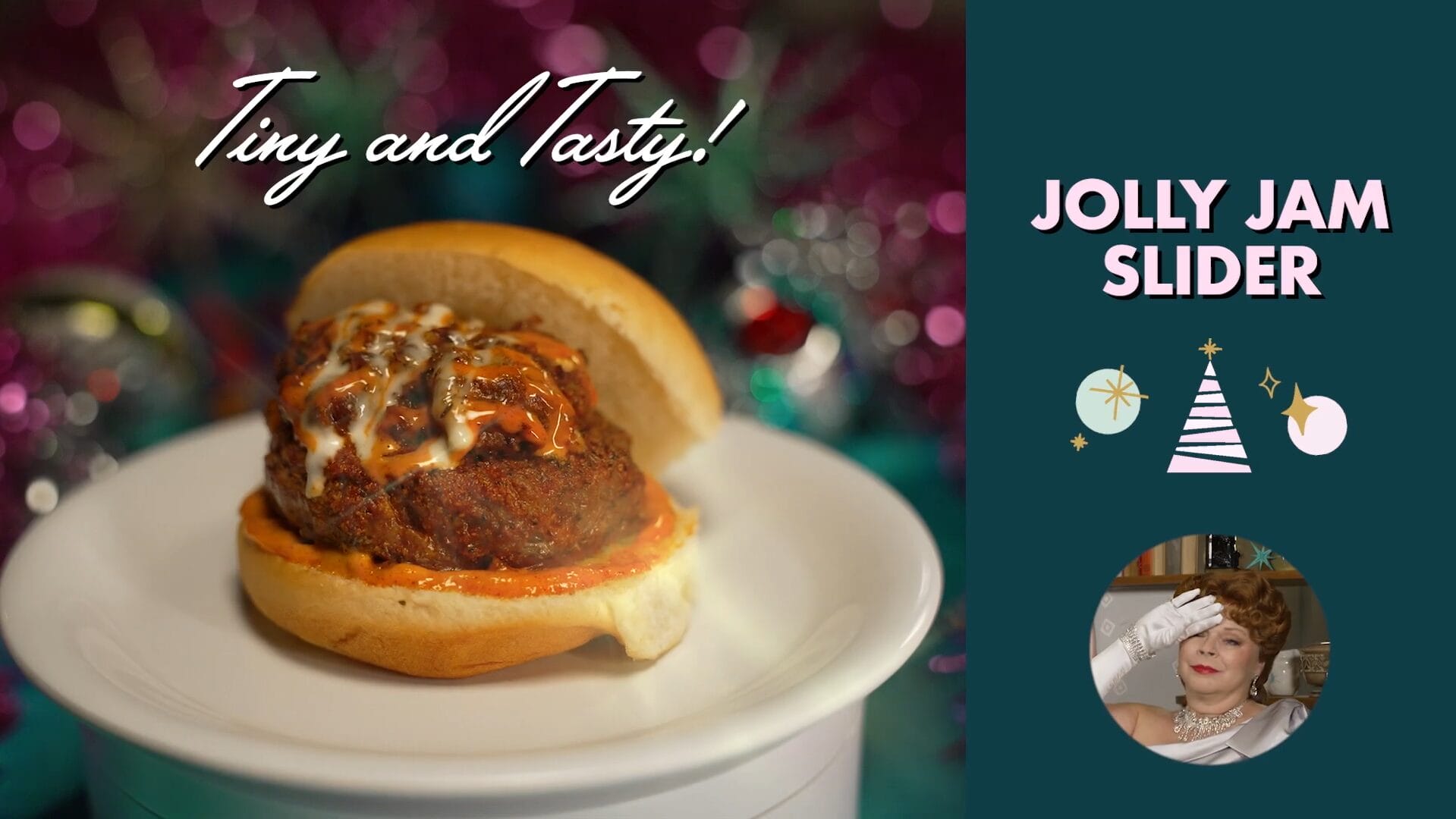 A meatball slider with sauce sits on a white plate at Disney Jollywood Nights, labeled "Tiny and Tasty! Jolly Jam Slider.
