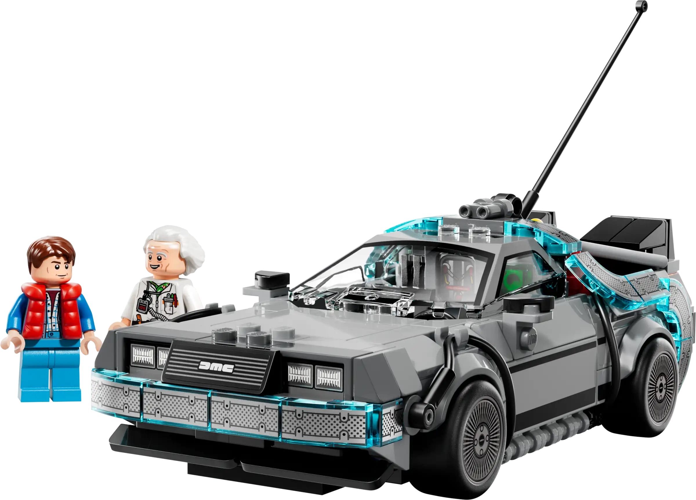 LEGO Marty and Doc stand next to a LEGO DeLorean inspired by Back to the Future.