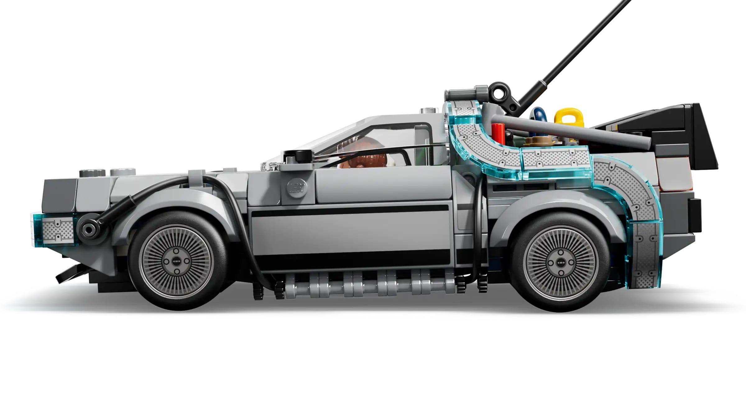 A LEGO model of the DeLorean time machine from "Back to the Future" on a white background