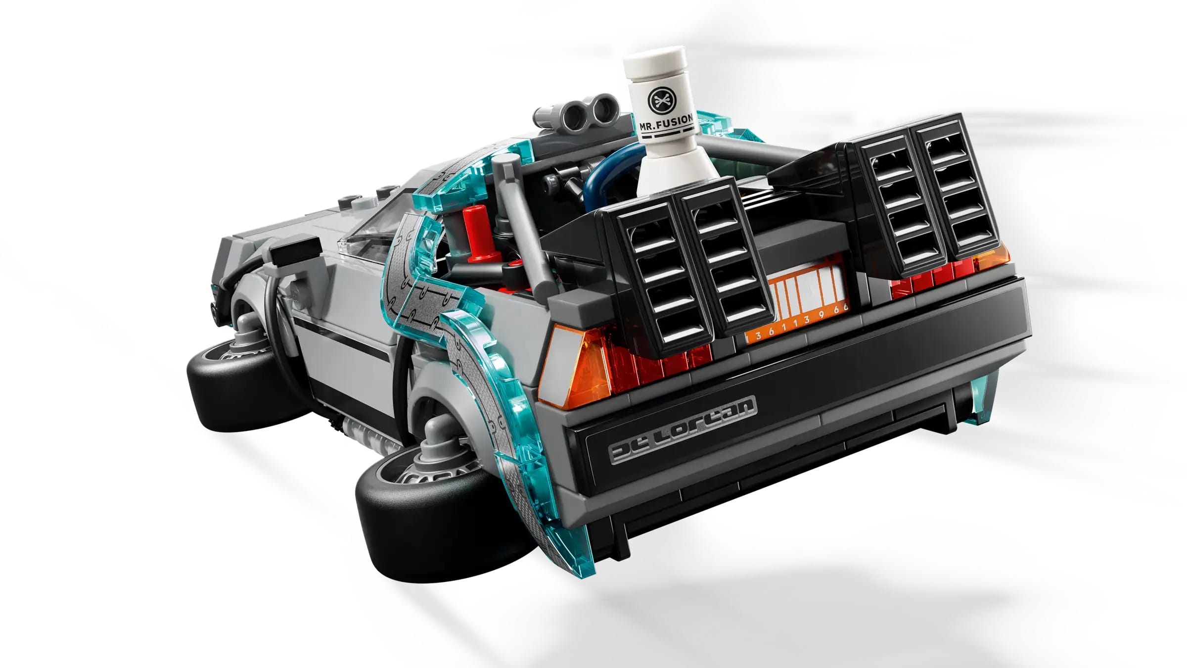 LEGO DeLorean time machine from Back to the Future, rear view, on a white background