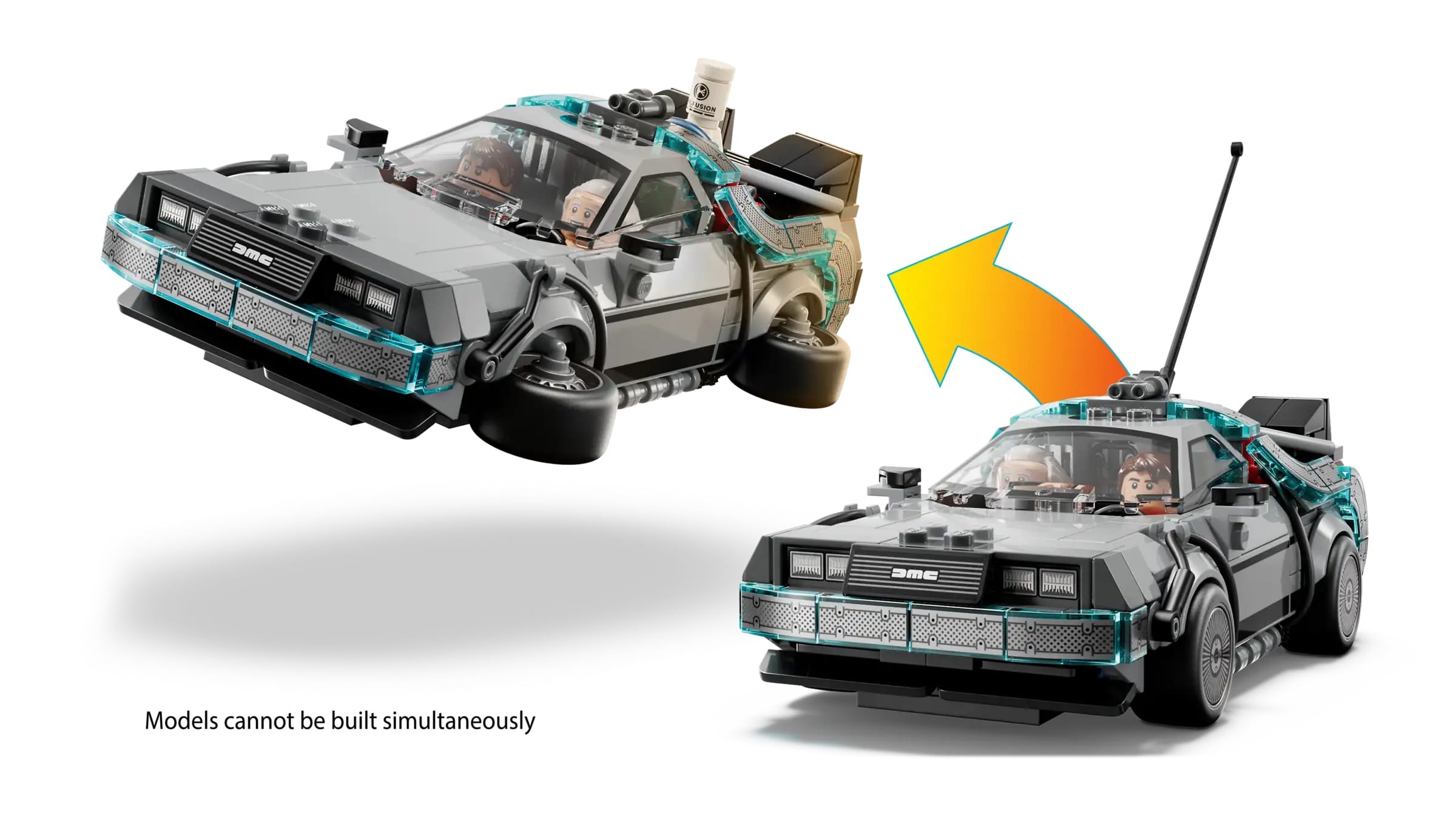 Two LEGO DeLorean Time Machine sets in different configurations