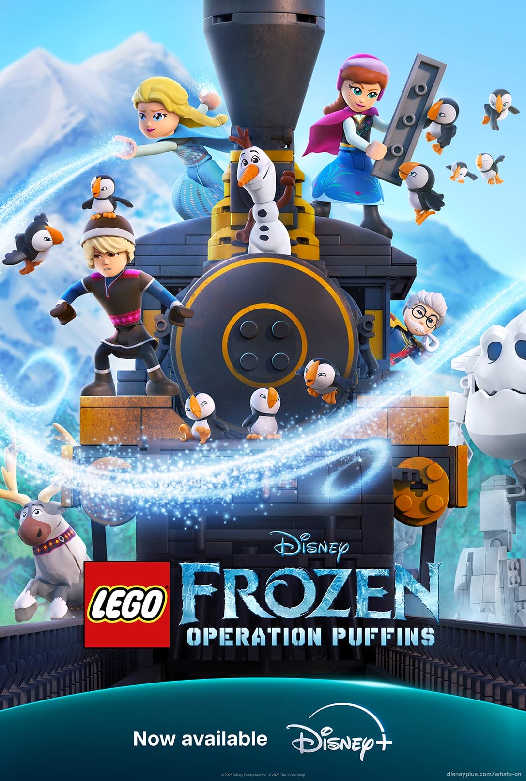 LEGO Frozen characters on a train with puffins and snow, Disney+ promo; no Disney castle, so not comparable to park castles.