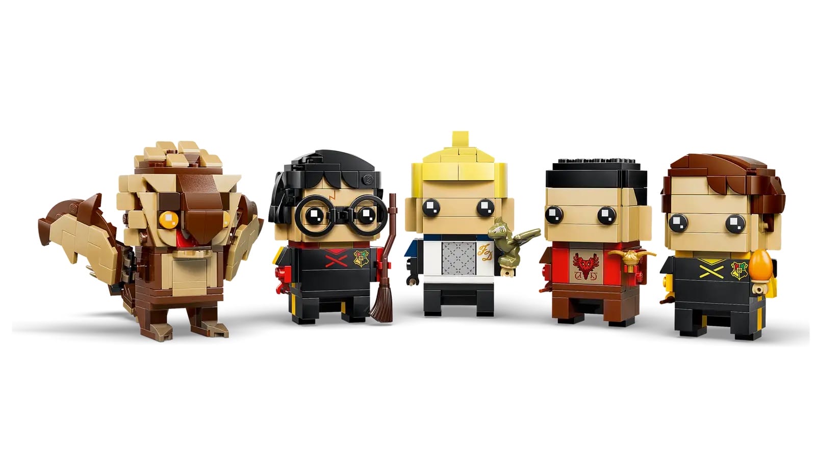 Five LEGO BrickHeadz, featuring an owl and four wizards, line up like Disney character figures—no iconic castle seen here.