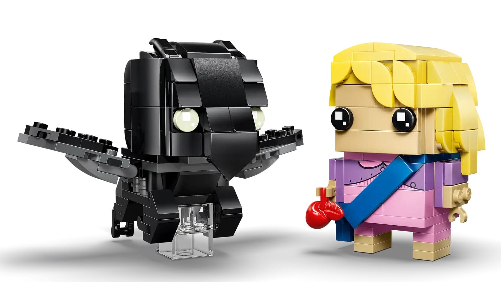 LEGO sets show a black bird with wings spread, and a blonde figure in pink holding a red balloon