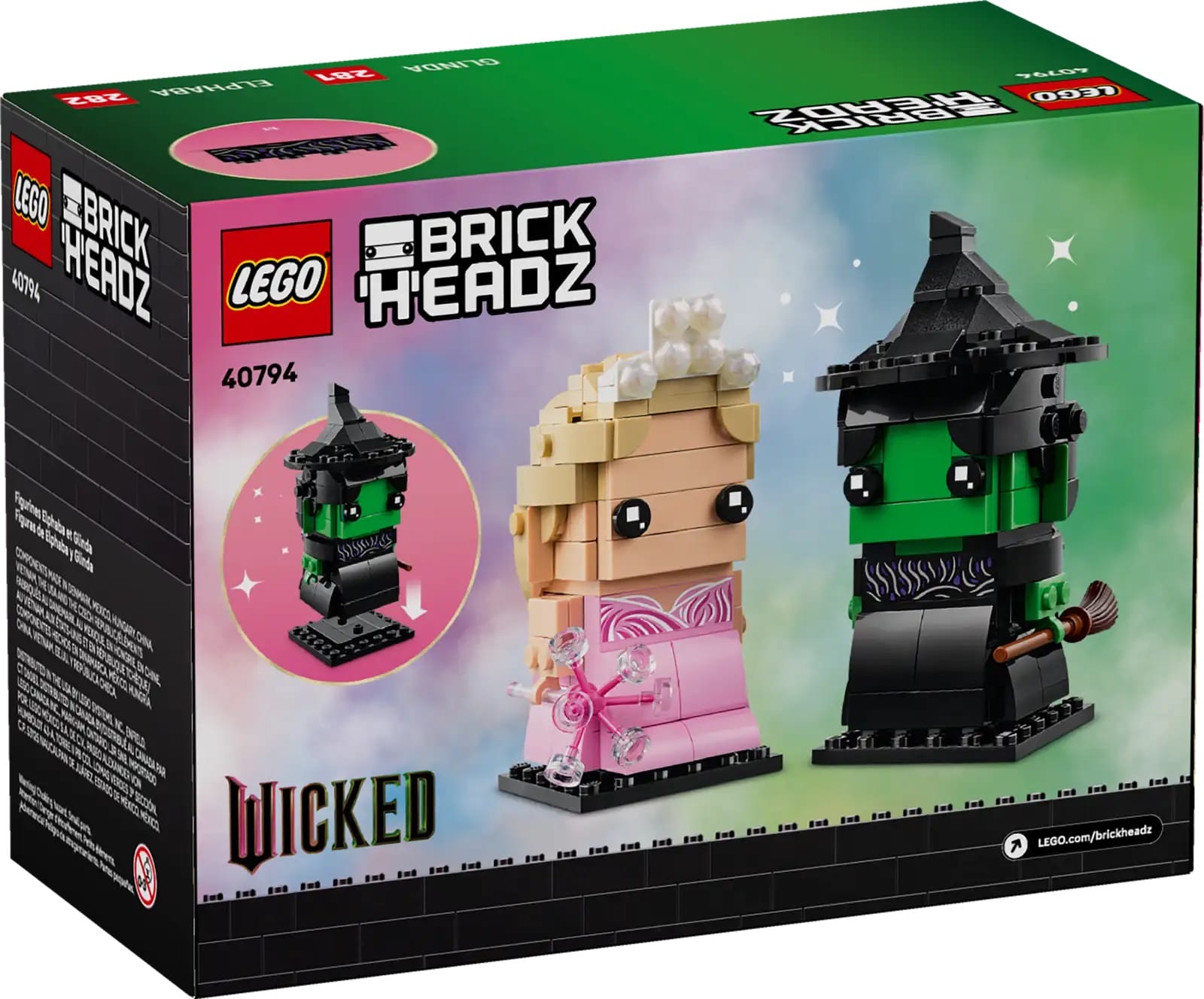 LEGO BrickHeadz 40794 shows Wicked's Elphaba and Glinda