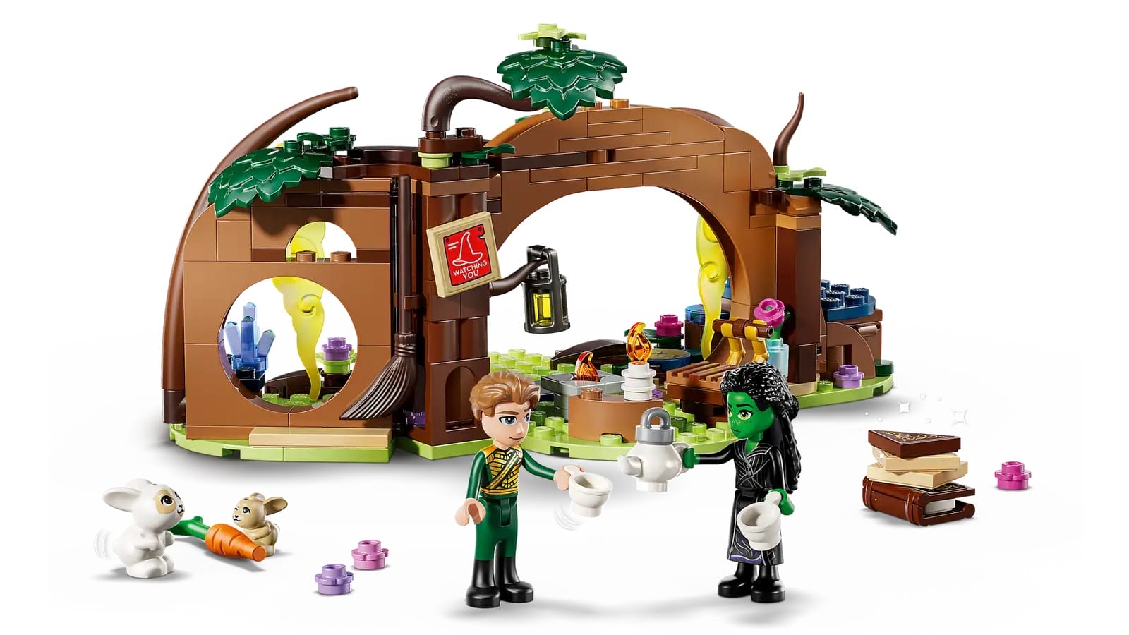 Two LEGO figures with cups stand by a brown arch, surrounded by animals, books, and colorful builds