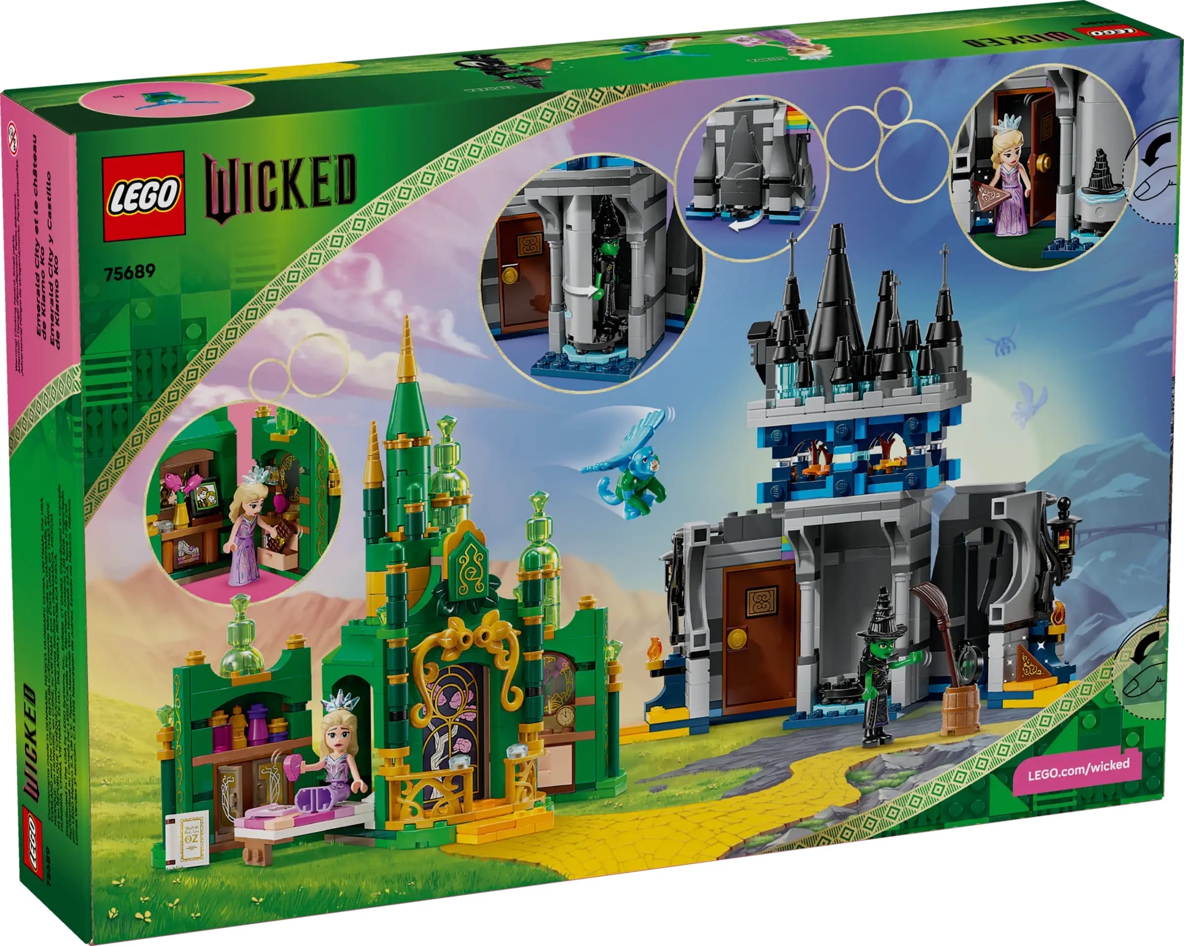 LEGO Wicked set box with magical buildings, unlike Disney castles such as Cinderella’s or Sleeping Beauty’s in style and design.