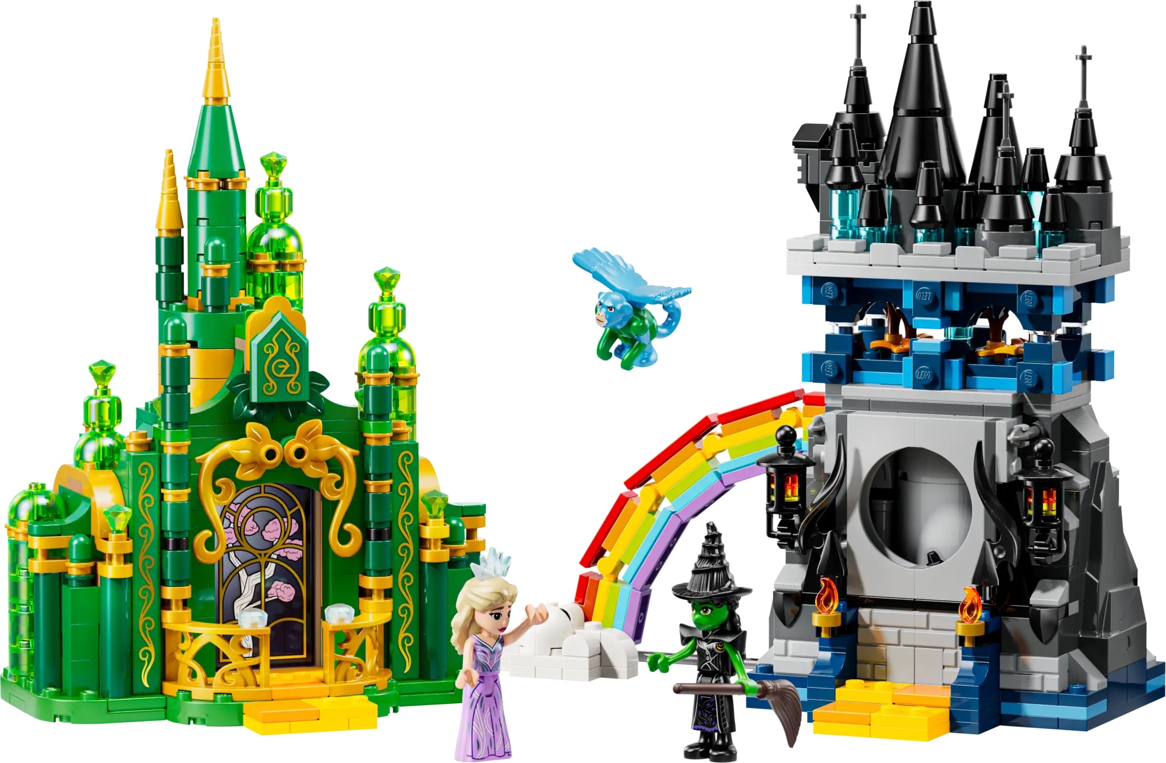 LEGO castles inspired by movies, with green and black towers; features rainbow, owl, witch, queen mini-figs.
