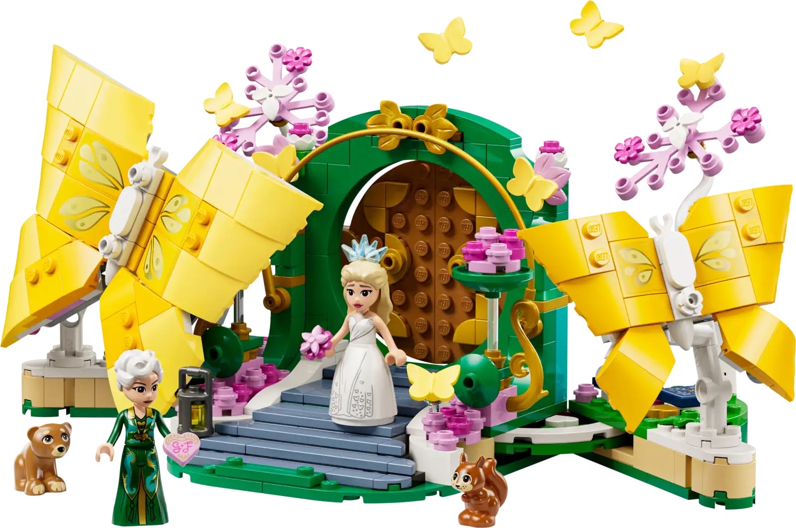 LEGO fairy tale diorama with butterfly wings, two figures, pink flowers, and animals