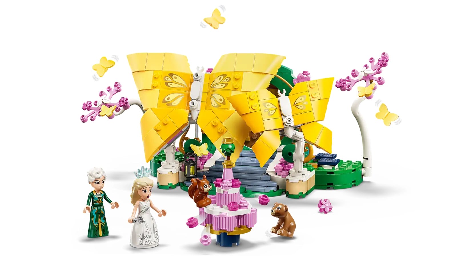 Two LEGO princesses with animals beside a butterfly build, pink flowers