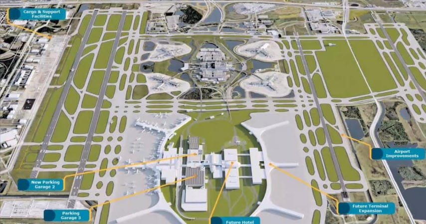 Aerial diagram of Orlando International Airport with marked expansions, parking, terminals—no Disney castle like those in Disney parks.