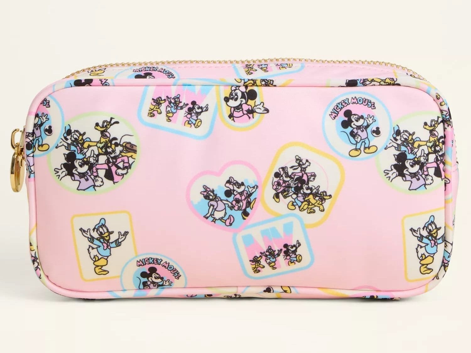 Pink zippered pouch with colorful vintage-style Mickey and Minnie Mouse, like those at Disney Parks during the holiday season.