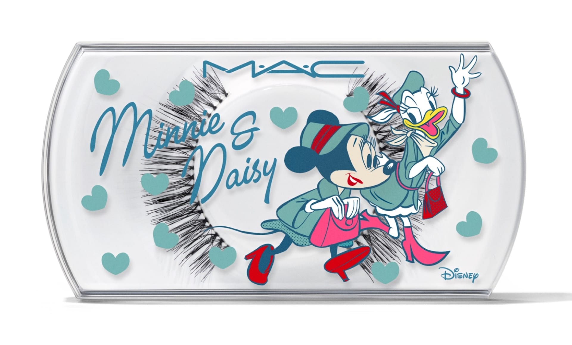 MAC false lashes Disney 2025 Holiday box shows Minnie and Daisy in blue with blue hearts—classic Disney style, park magic included.