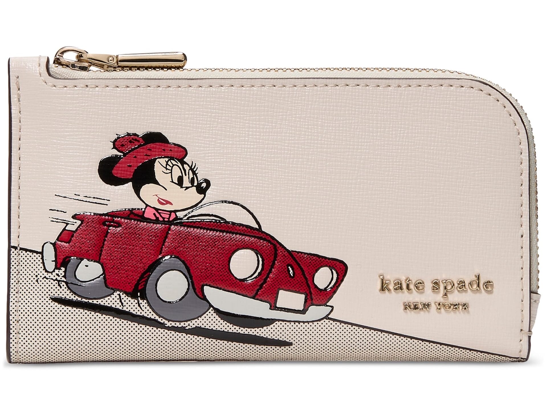 A beige Kate Spade wallet from Disney’s 2025 Holiday Collection, with Minnie Mouse in a red car and a gold logo; no castle design.