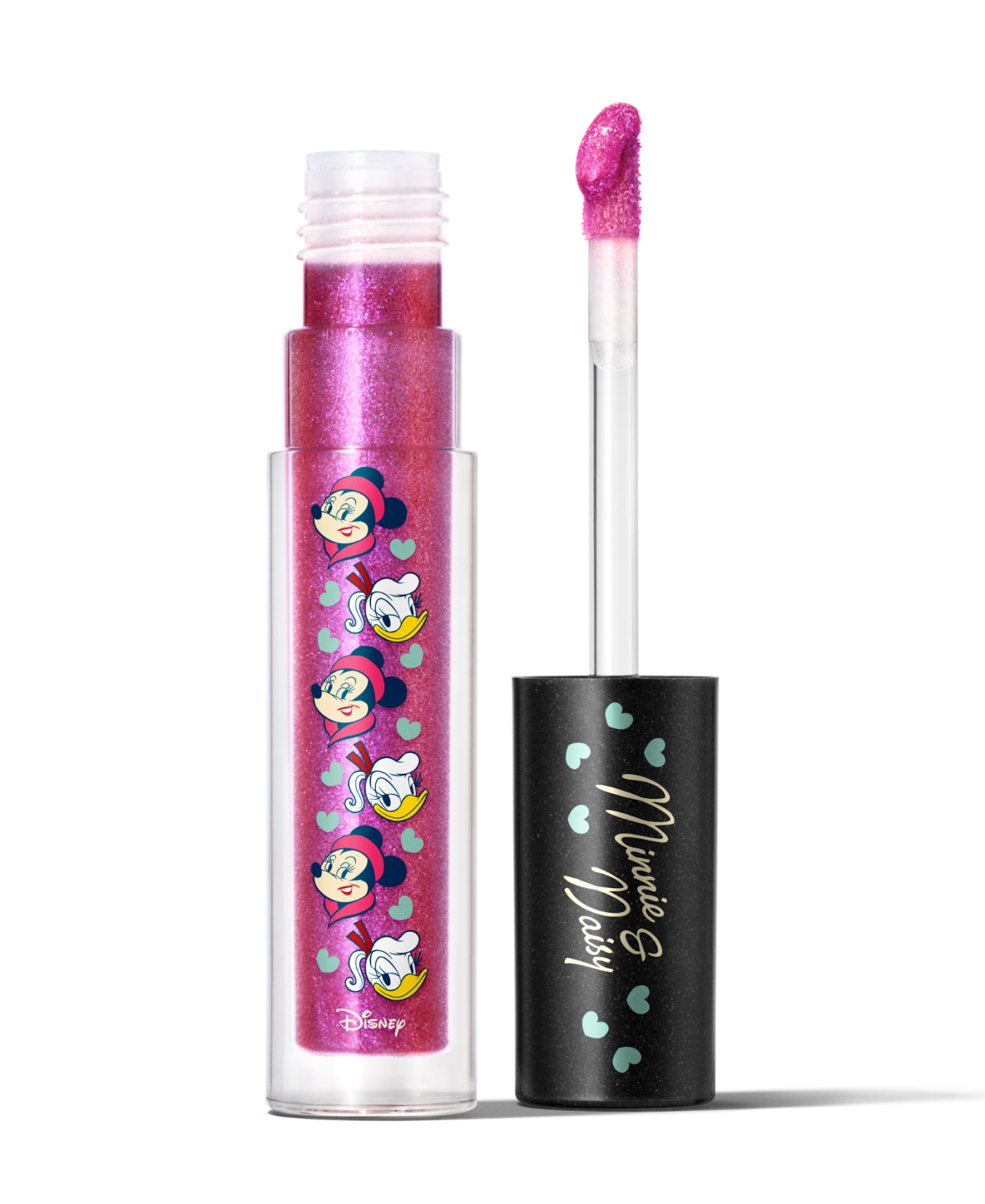 A tube of sparkly pink lip gloss from the Disney 2025 Holiday Collection, featuring Minnie Mouse and Daisy Duck as seen in park shops.