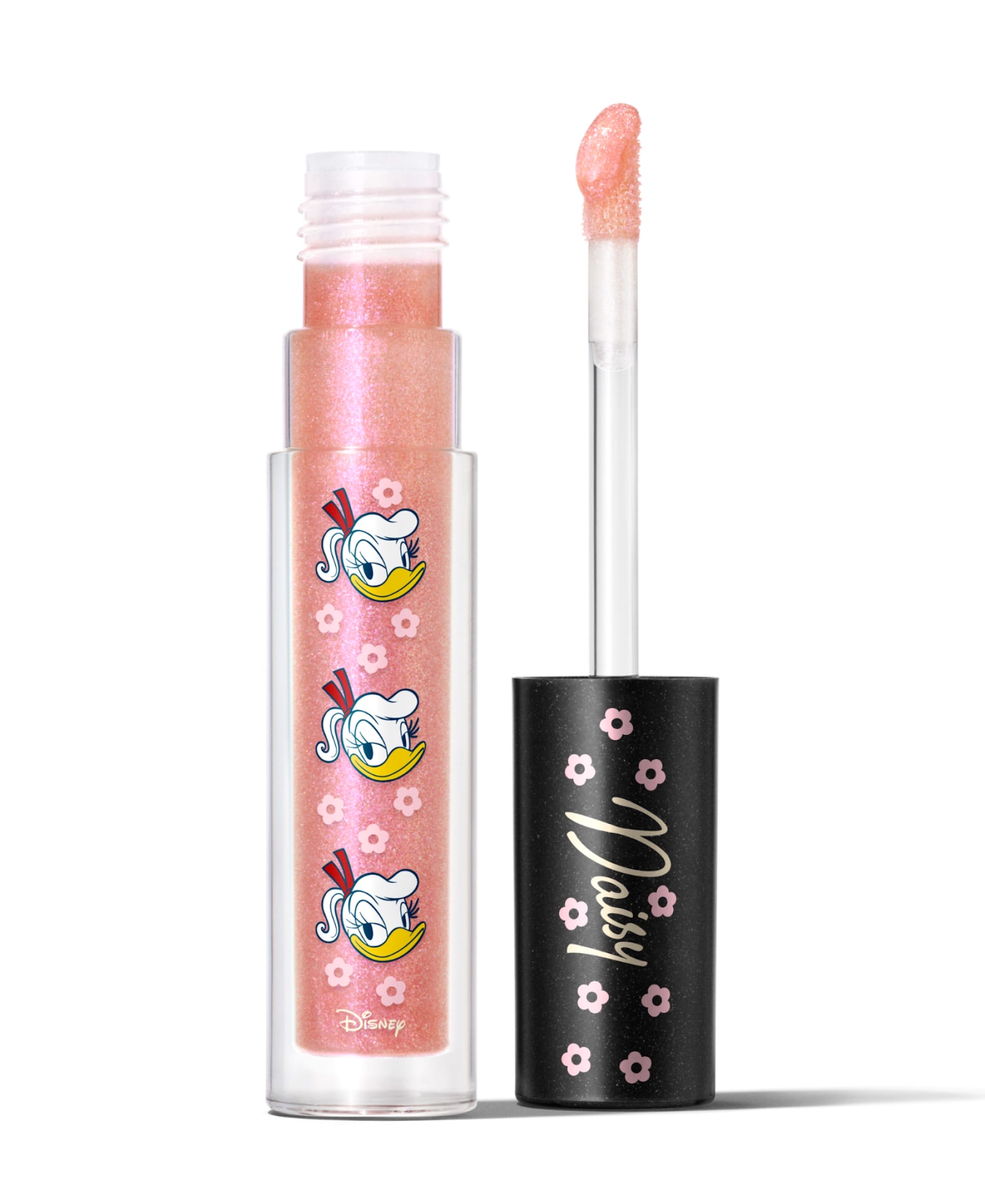 Disney 2025 Holiday Collection pink glitter lip gloss tube, featuring cartoon ducks, florals, and a wand applicator.