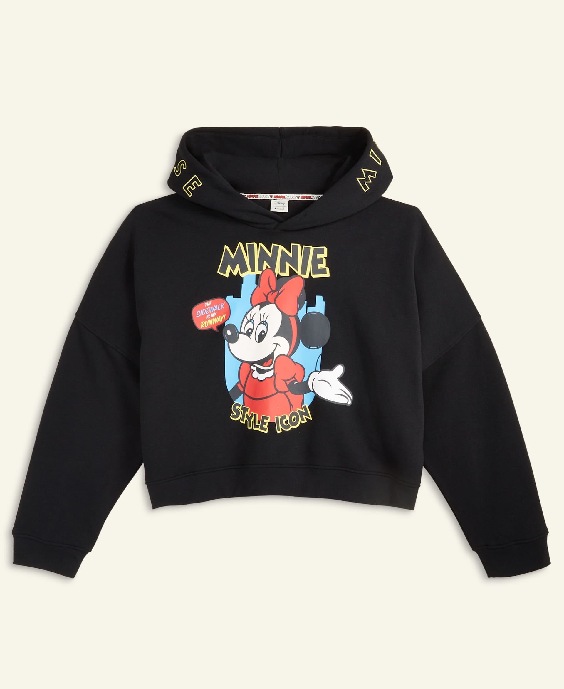 Disney black cropped hoodie with Minnie Mouse and "MINNIE STYLE ICON" text, similar to Disneyland park merch; Macy's 2025 Holiday Collection.