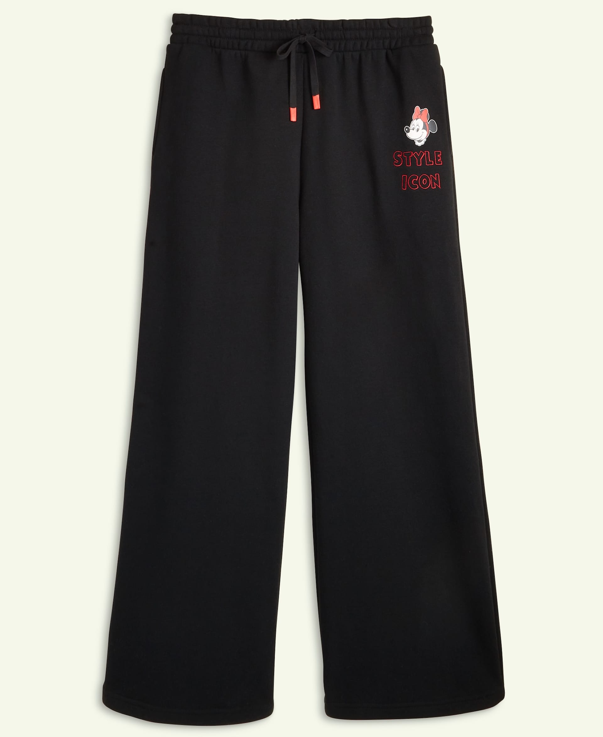 Black wide-leg sweatpants with drawstring waist, Disney Holiday Collection, Minnie Mouse and "STYLE ICON"—no castle pictured.