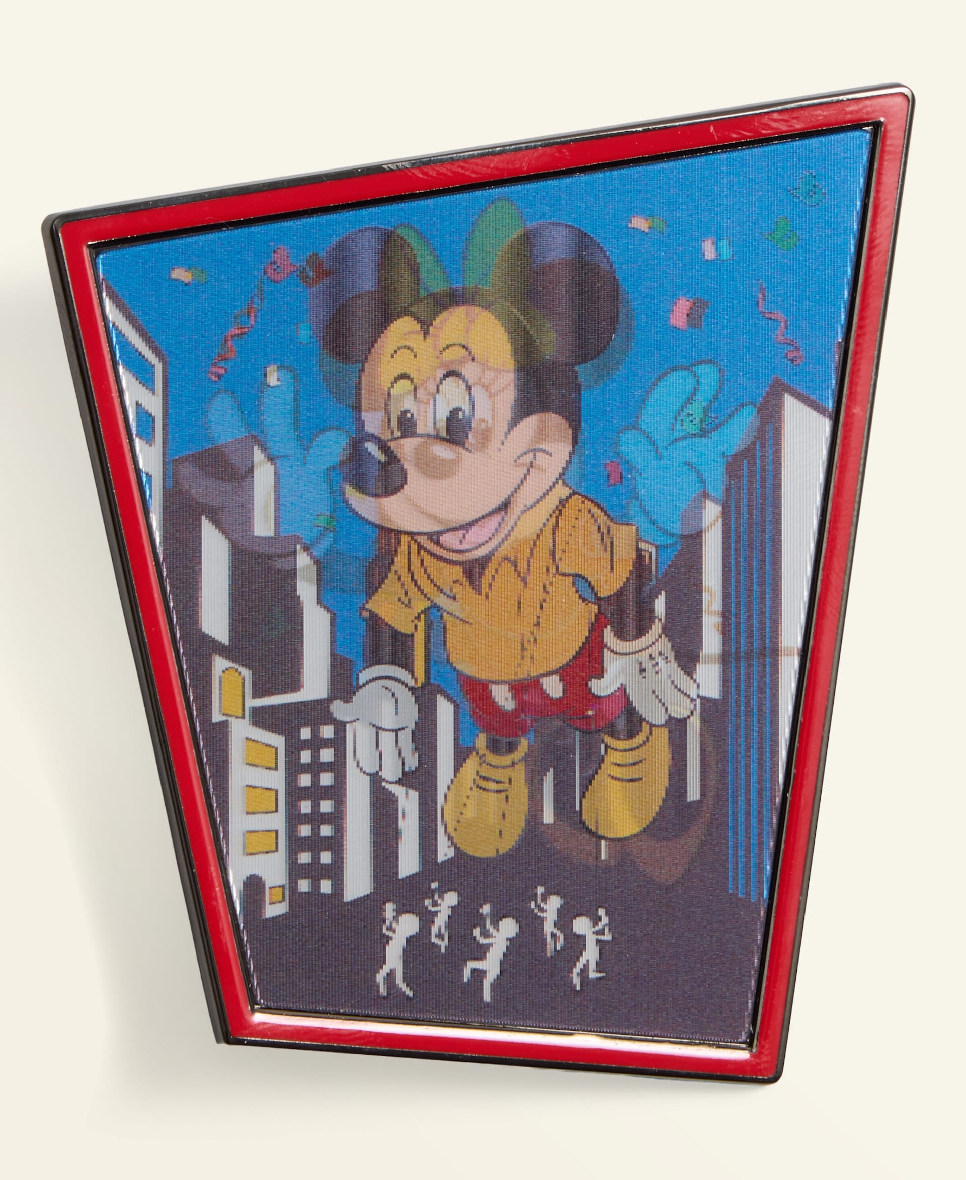 A cartoon Minnie Mouse balloon from Disney floats above city skyscrapers at a parade, confetti falling and crowds below—no castle in sight.