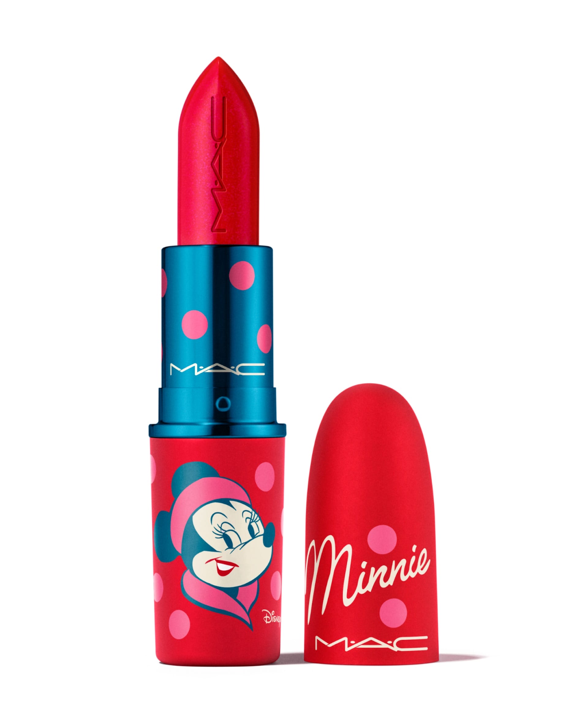 Disney Holiday Collection MAC lipstick in vivid red, with Minnie Mouse polka dots and "Minnie" on the cap—no castle in view.