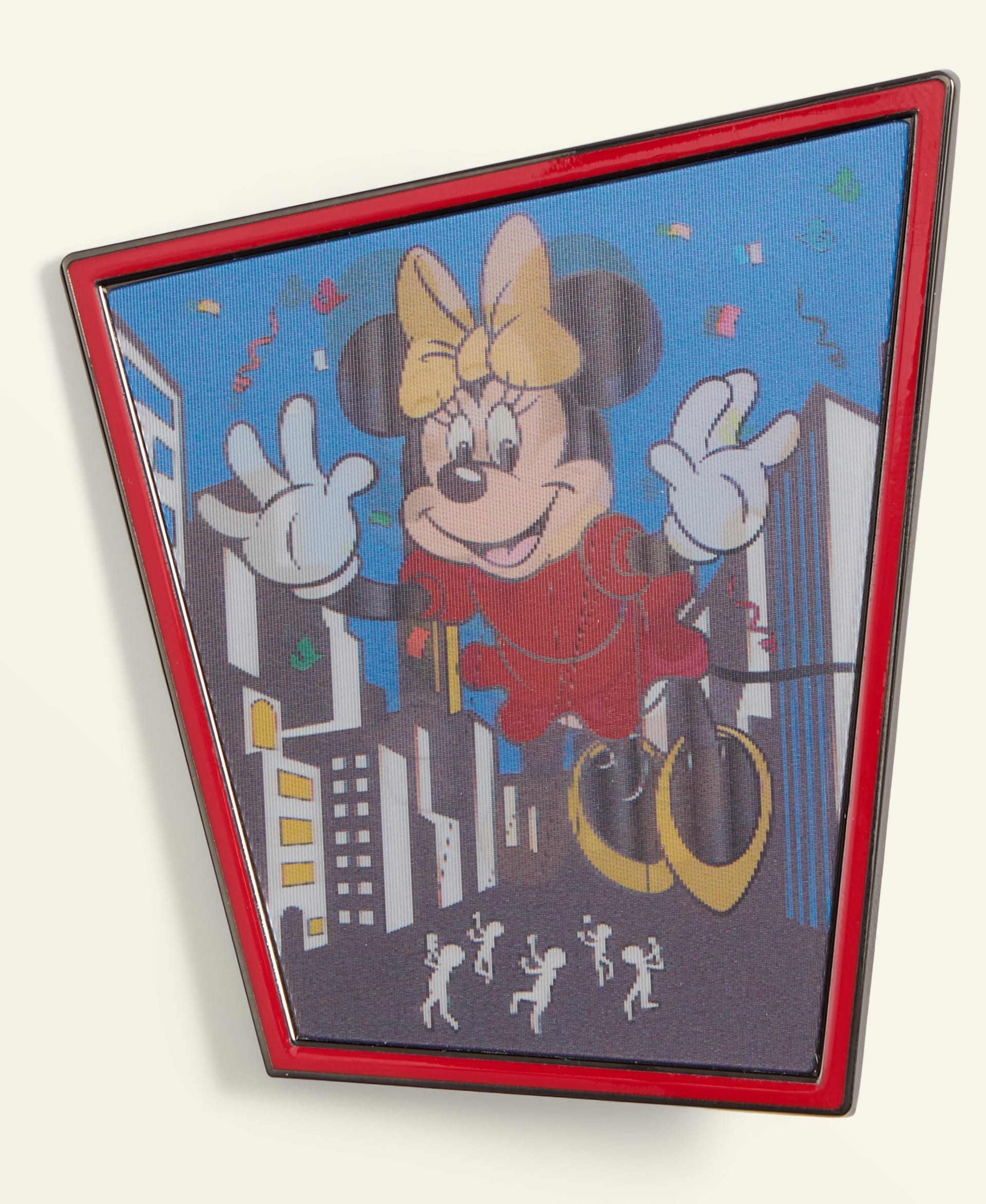 A cartoon Minnie Mouse parade balloon floats above city buildings—unlike any Disney park parade, no castle like Cinderella's in view.