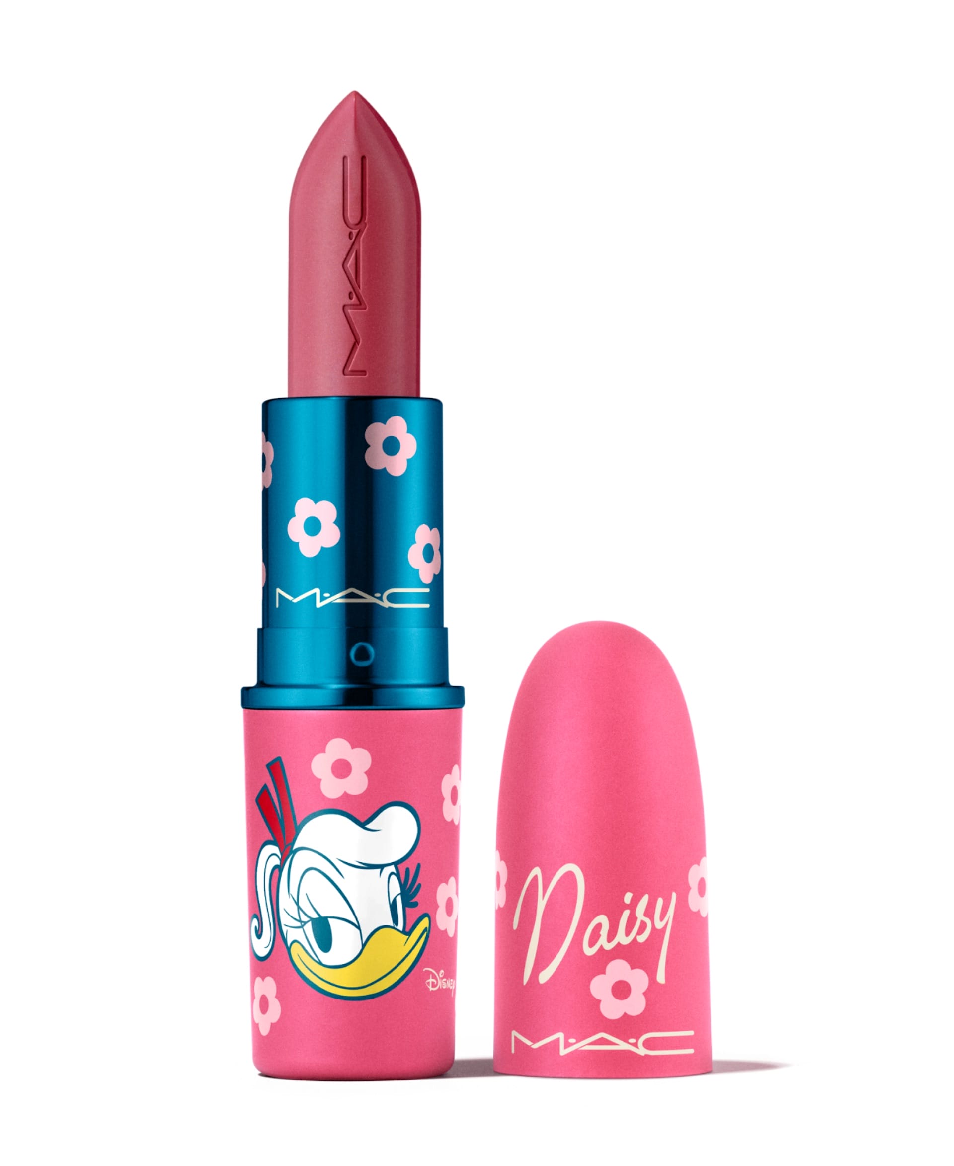 Pink MAC lipstick featuring Daisy Duck from the Disney 2025 Holiday Collection, floral blue and pink packaging styled like park merch.